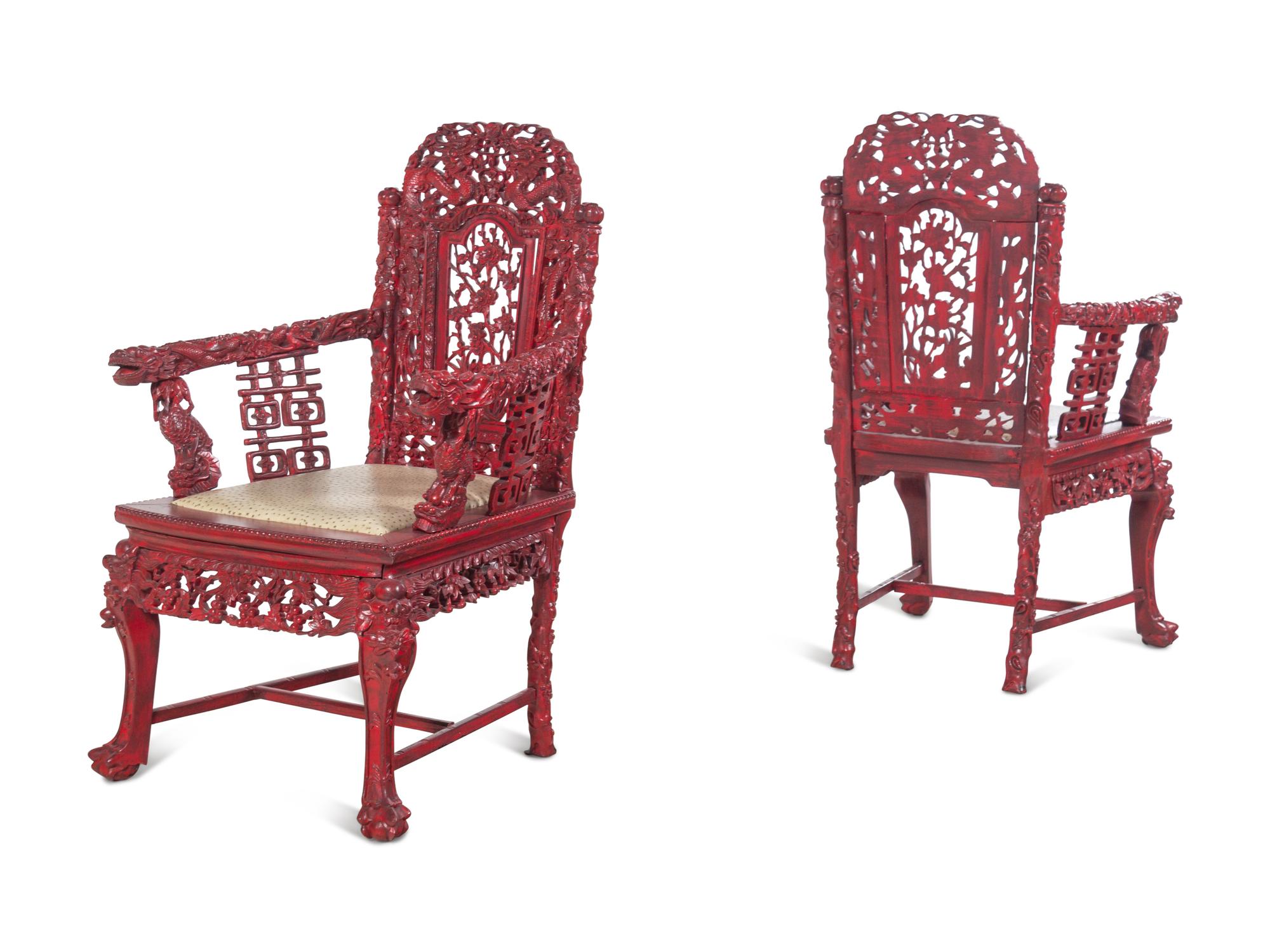 A Pair of Chinese Carved and Painted Wood Chairs