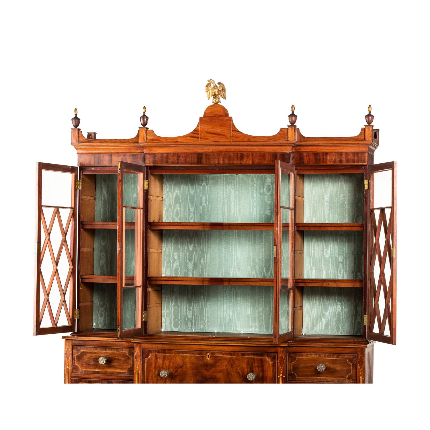 A Federal Parcel Gilt Mahogany, Holly and Ebony Breakfront Gentleman's Desk-and-Bookcase