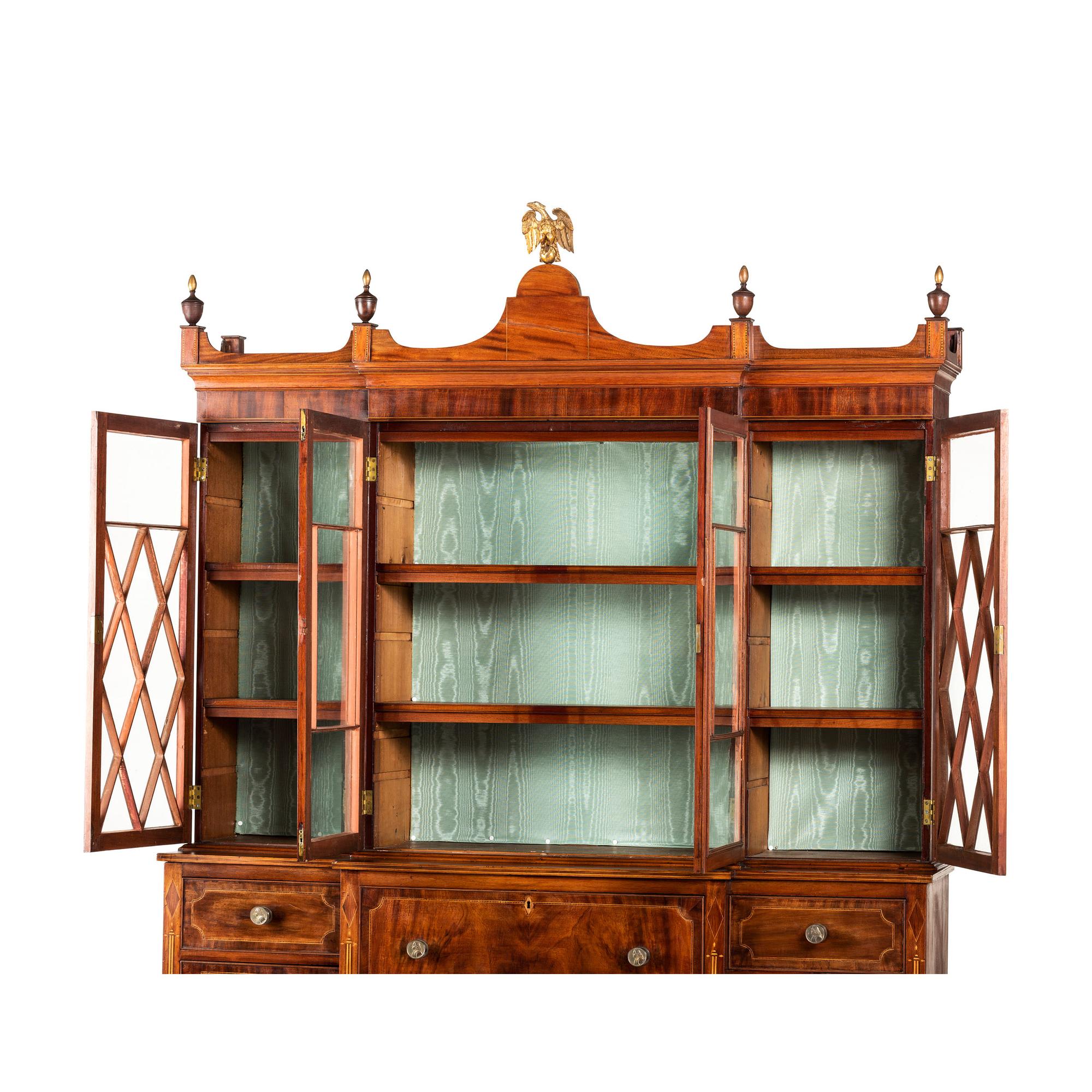 A Federal Parcel Gilt Mahogany, Holly and Ebony Breakfront Gentleman's Desk-and-Bookcase