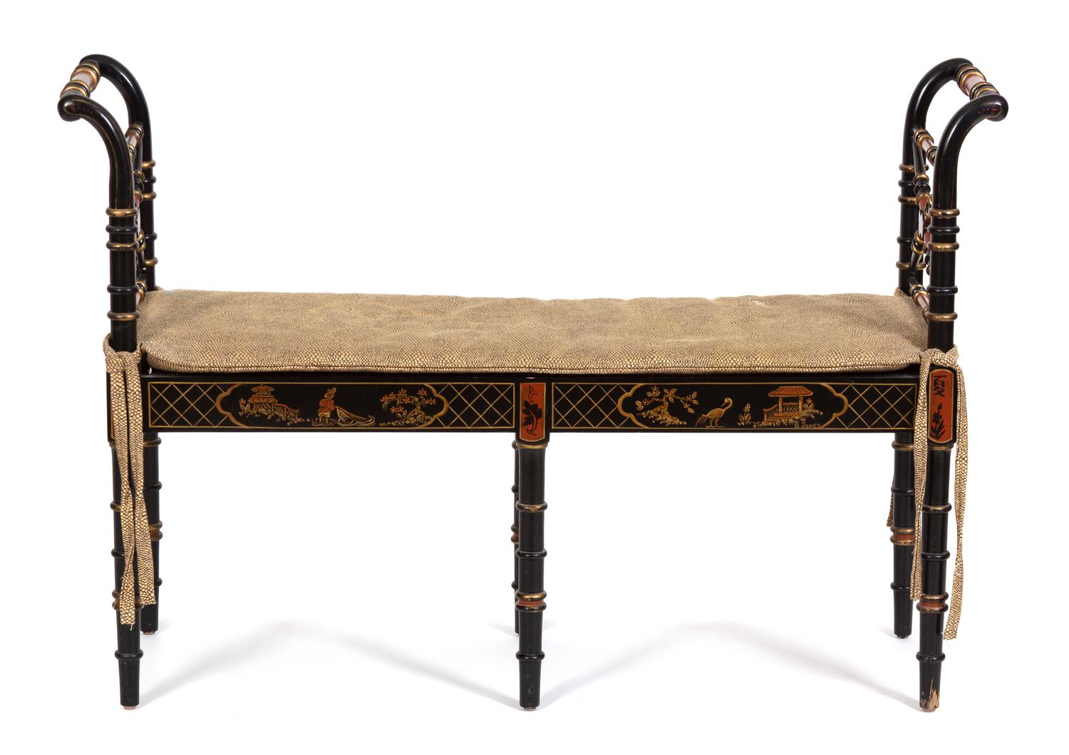 A Regency Style Painted and Parcel Gilt Rush Seat Window Bench Height 29 1/2 x width 43 x depth 13 inches. — 20TH CENTURY