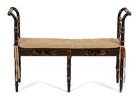 A Regency Style Painted and Parcel Gilt Rush Seat Window Bench Height 29 1/2 x width 43 x depth 13 inches. — 20TH CENTURY