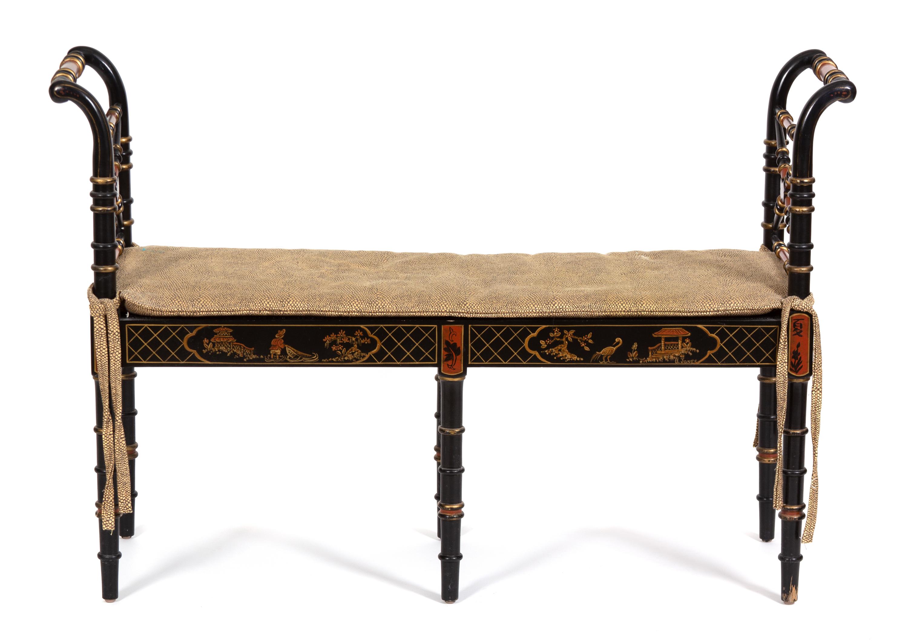A Regency Style Painted and Parcel Gilt Rush Seat Window Bench Height 29 1/2 x width 43 x depth 13 inches. — 20TH CENTURY