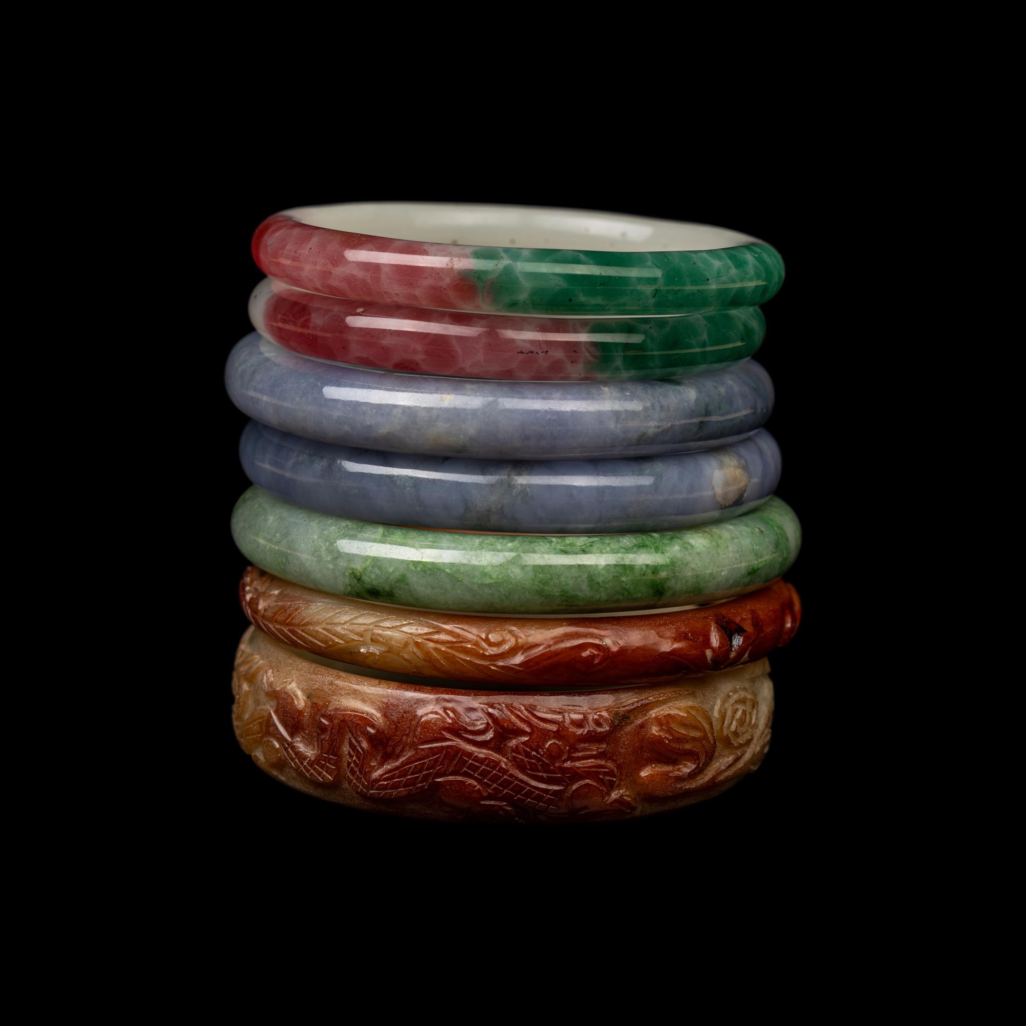 Seven Chinese Jade, Hardstone and Glass Bangles
