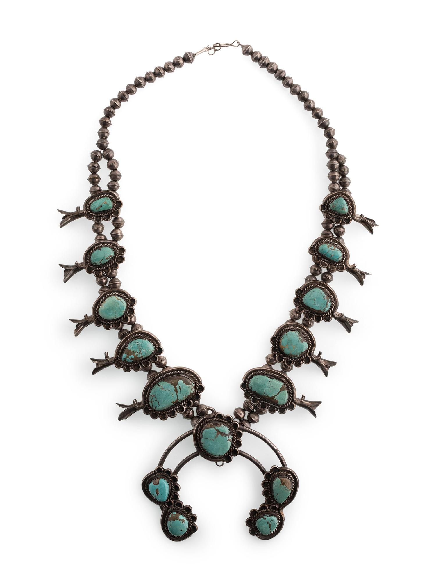 Navajo Silver and Turquoise Squash Blossom Necklace