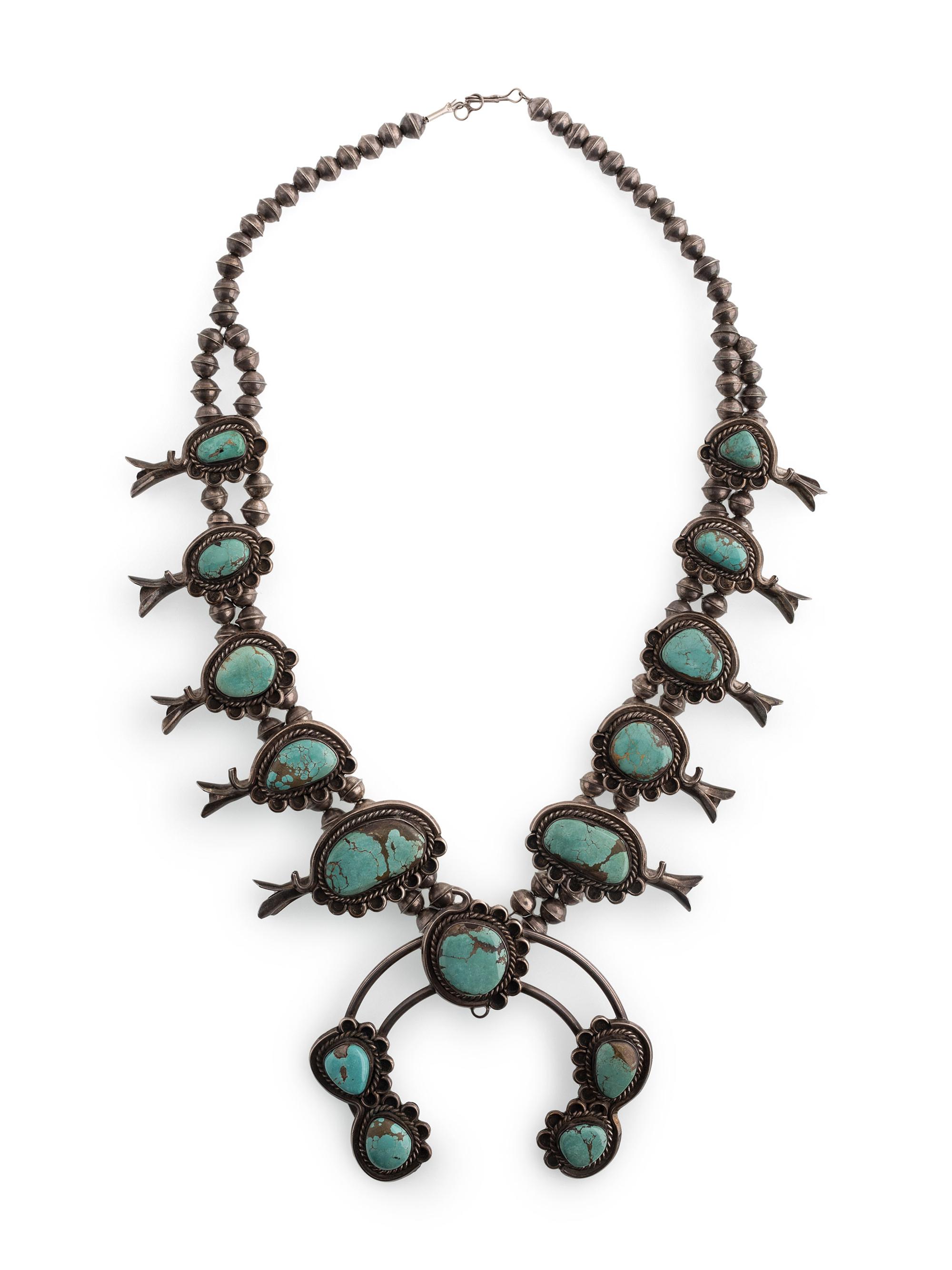 Navajo Silver and Turquoise Squash Blossom Necklace