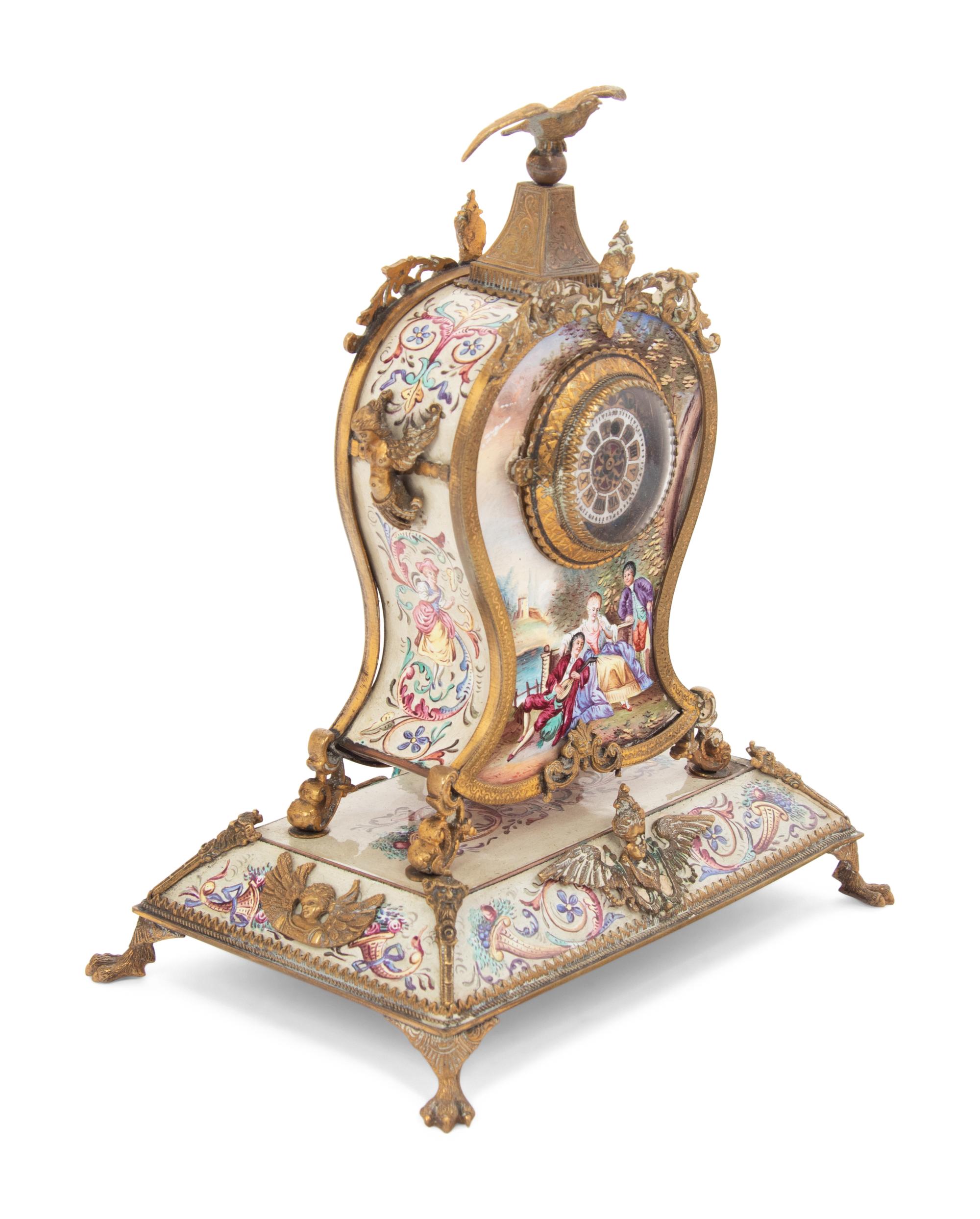 A Continental Gilt Metal and Enamel Table Clock