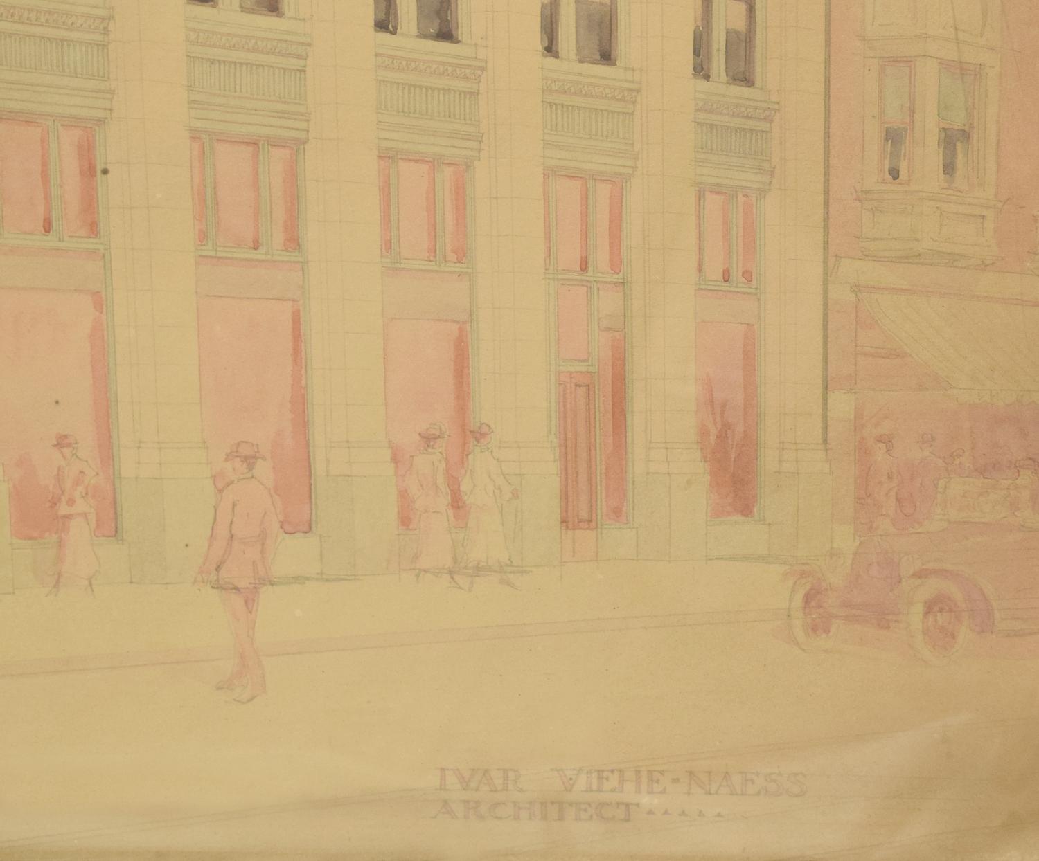 A Hand Rendered Presentation Drawing of the Lake View State Bank Building at Clark & Belmont in Chicago, IL. 34.5" W x .75" D x 29.5" H — United States, 20th Century