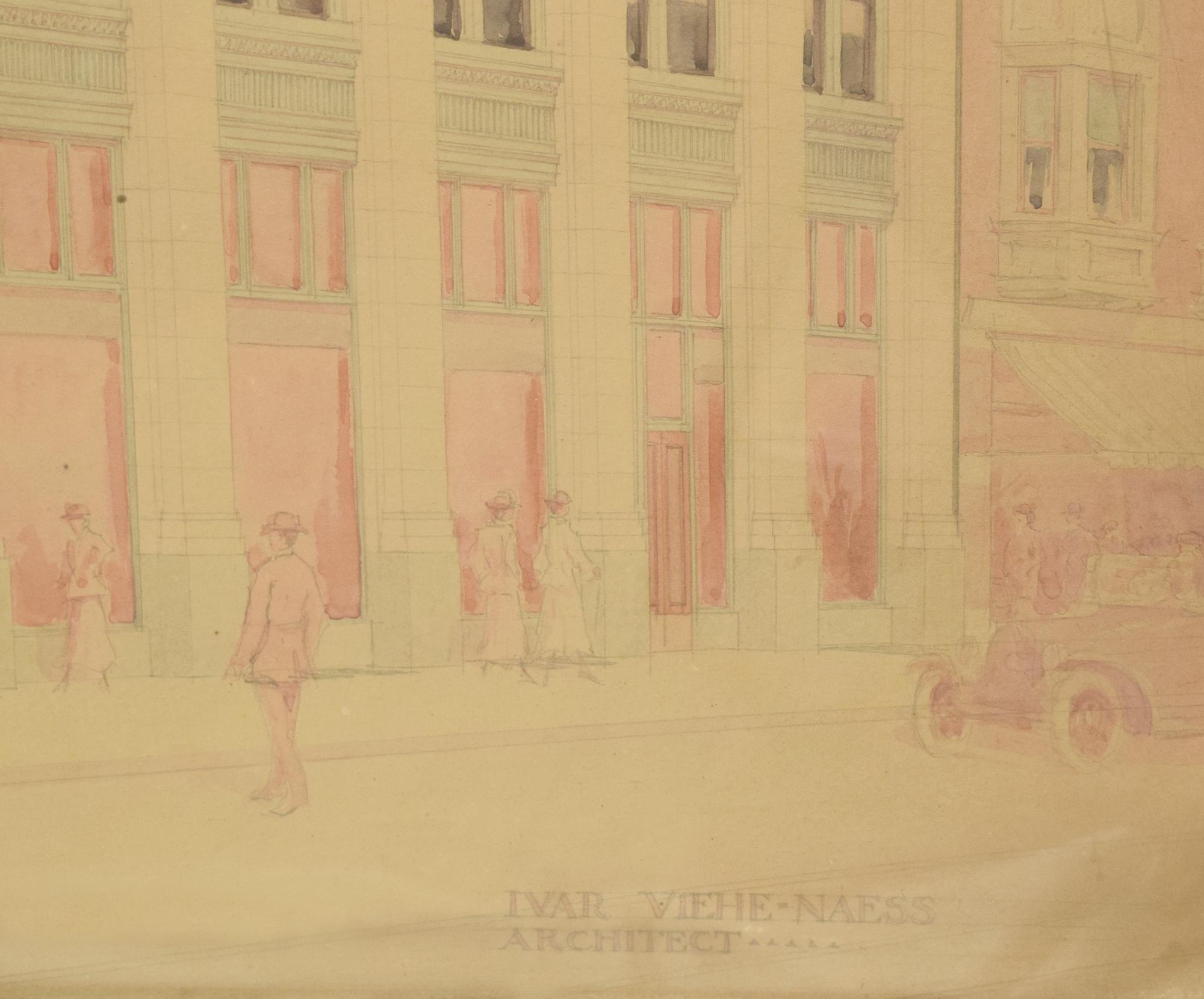 A Hand Rendered Presentation Drawing of the Lake View State Bank Building at Clark & Belmont in Chicago, IL. 34.5" W x .75" D x 29.5" H — United States, 20th Century
