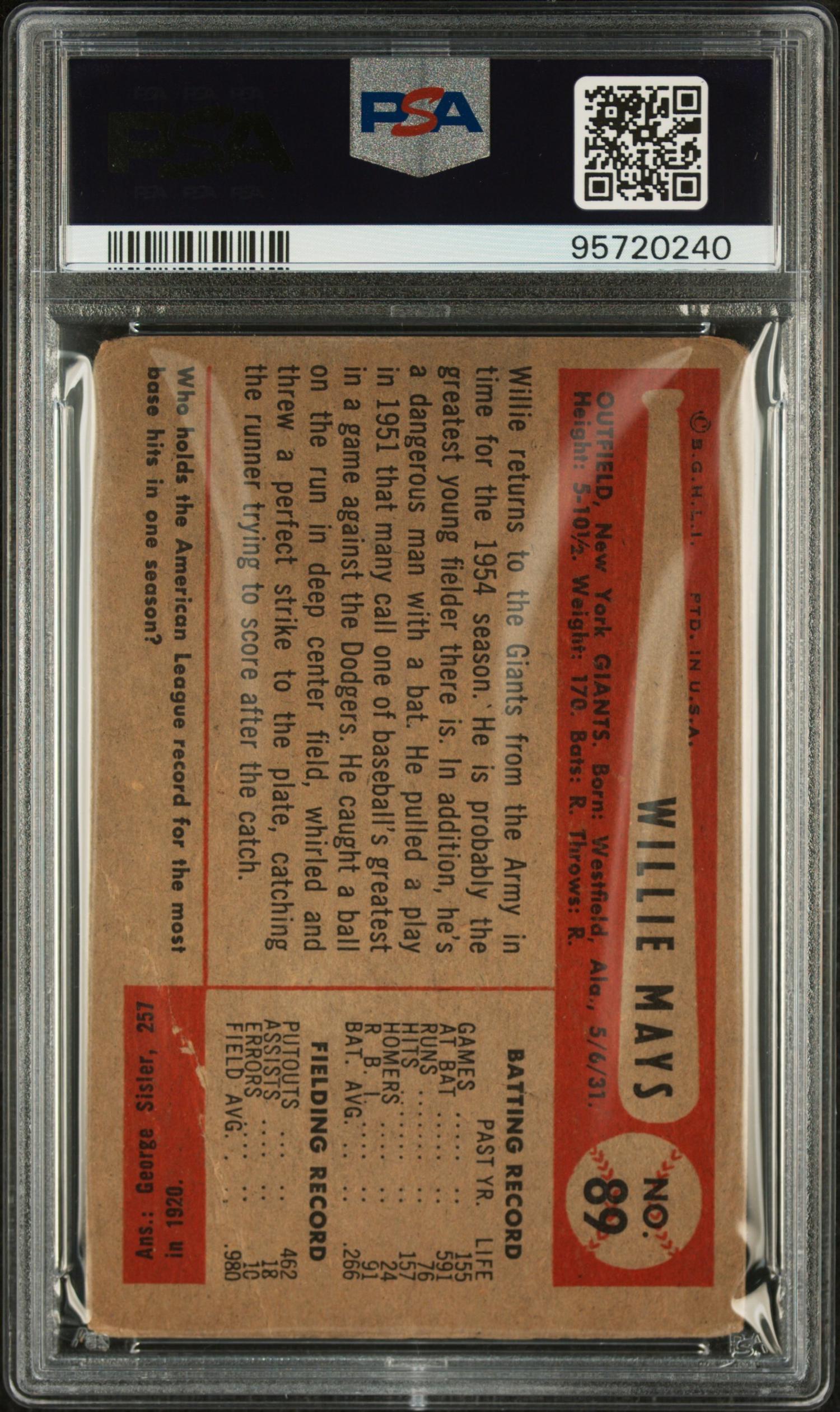 A 1954 Bowman Willie Mays Baseball Card No. 89 (PSA 1.5)