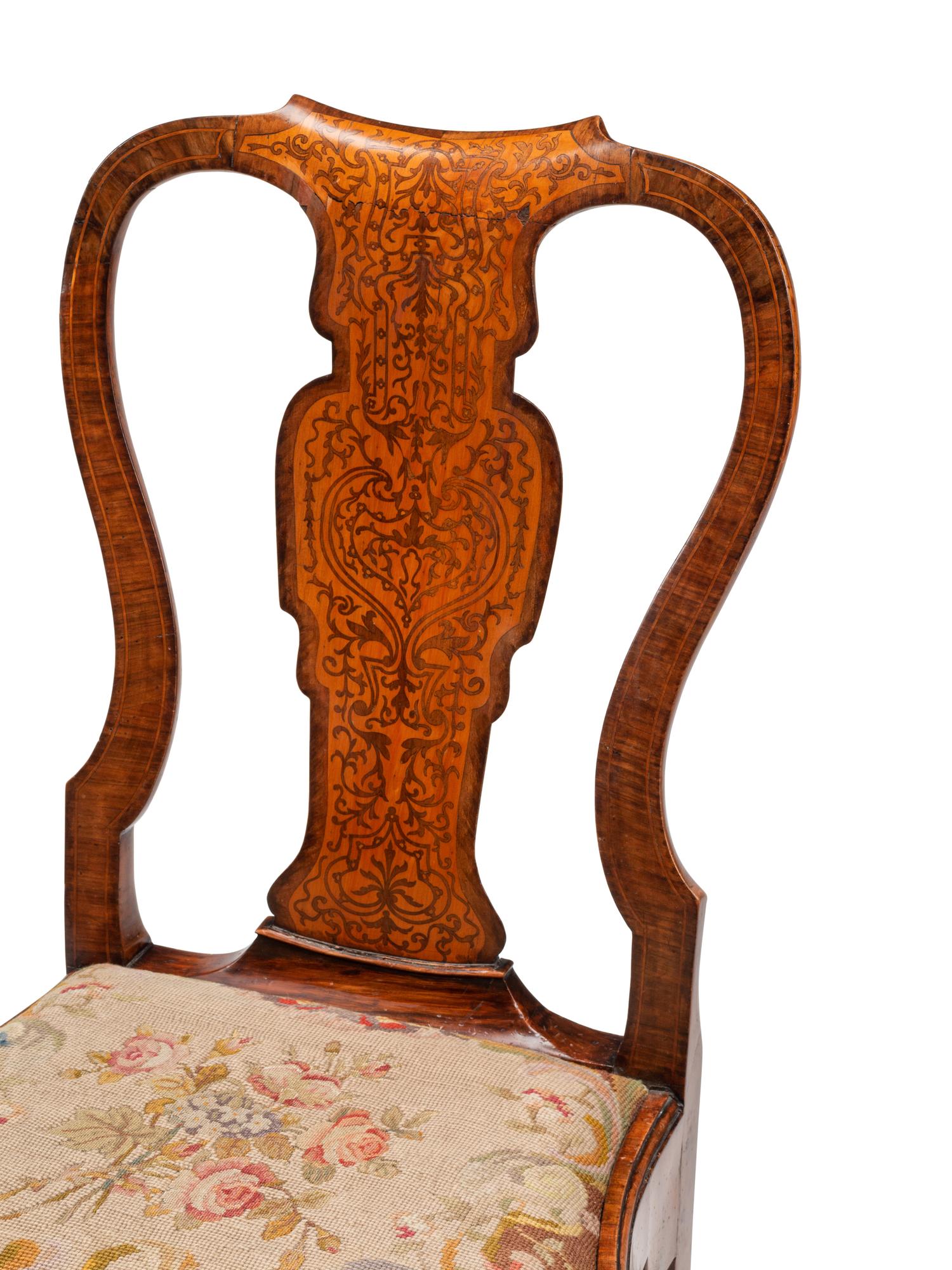 A Pair of Queen Anne Burl Walnut and Marquetry Side Chairs