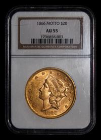 A 1866 Liberty Head: Motto $20 Gold Coin (NGC AU55)