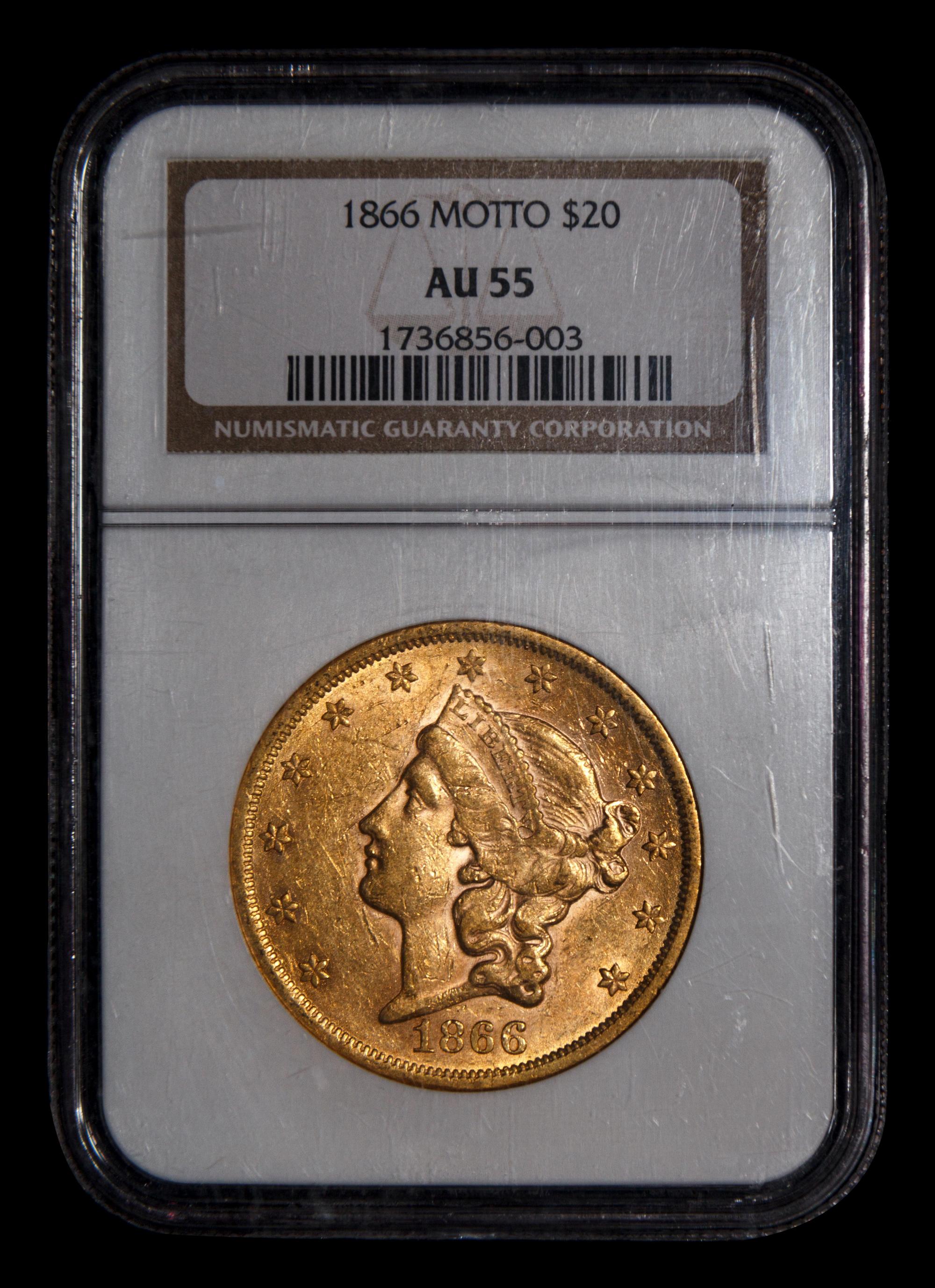 A 1866 Liberty Head: Motto $20 Gold Coin (NGC AU55)