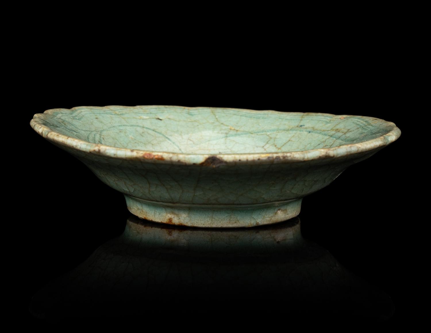 A Crackled Green Glazed Porcelain Floriform Dish