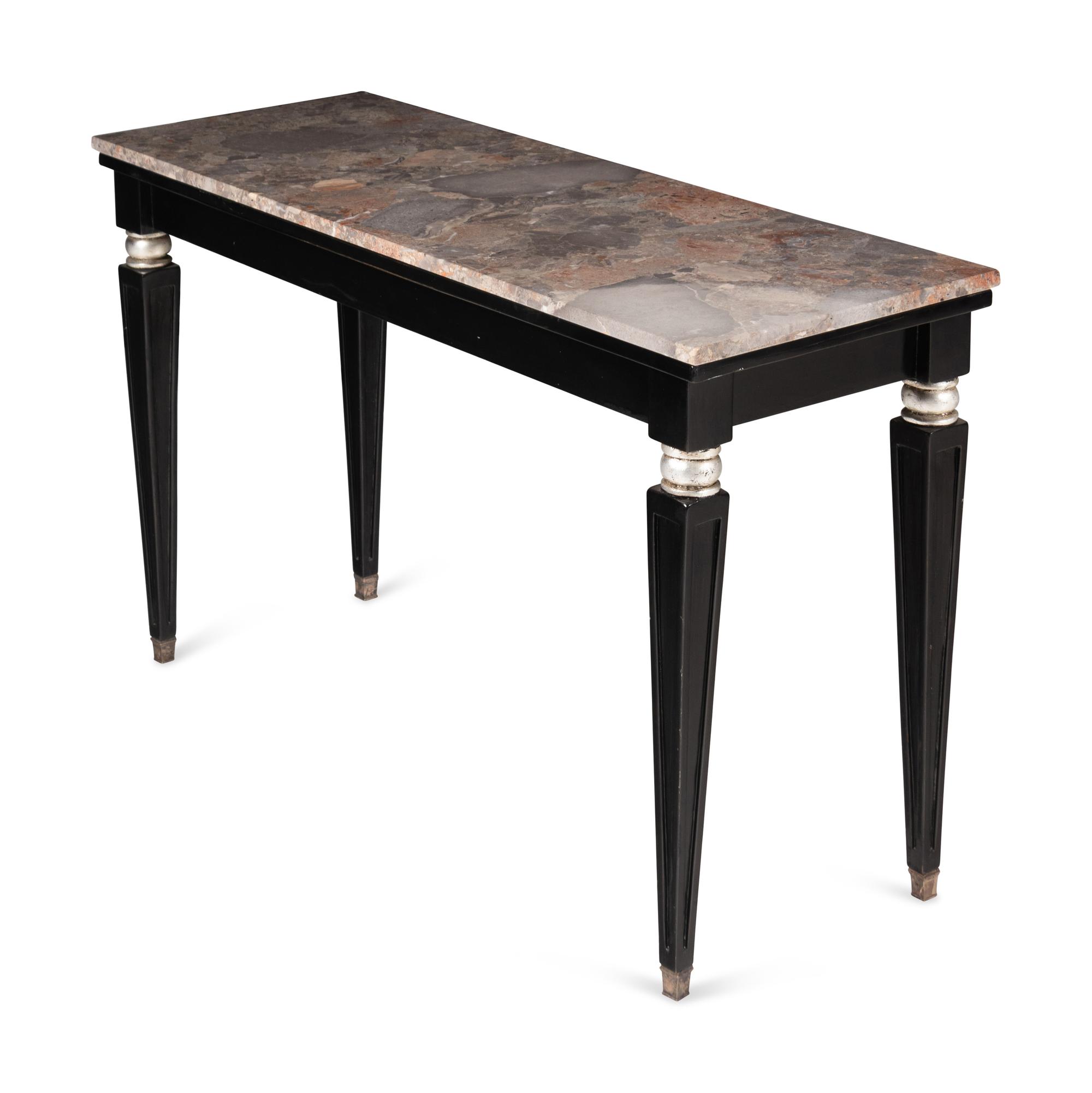 A Pair of Continental Style Black Lacquered and Part-Silvered Marble-Top Console Tables
