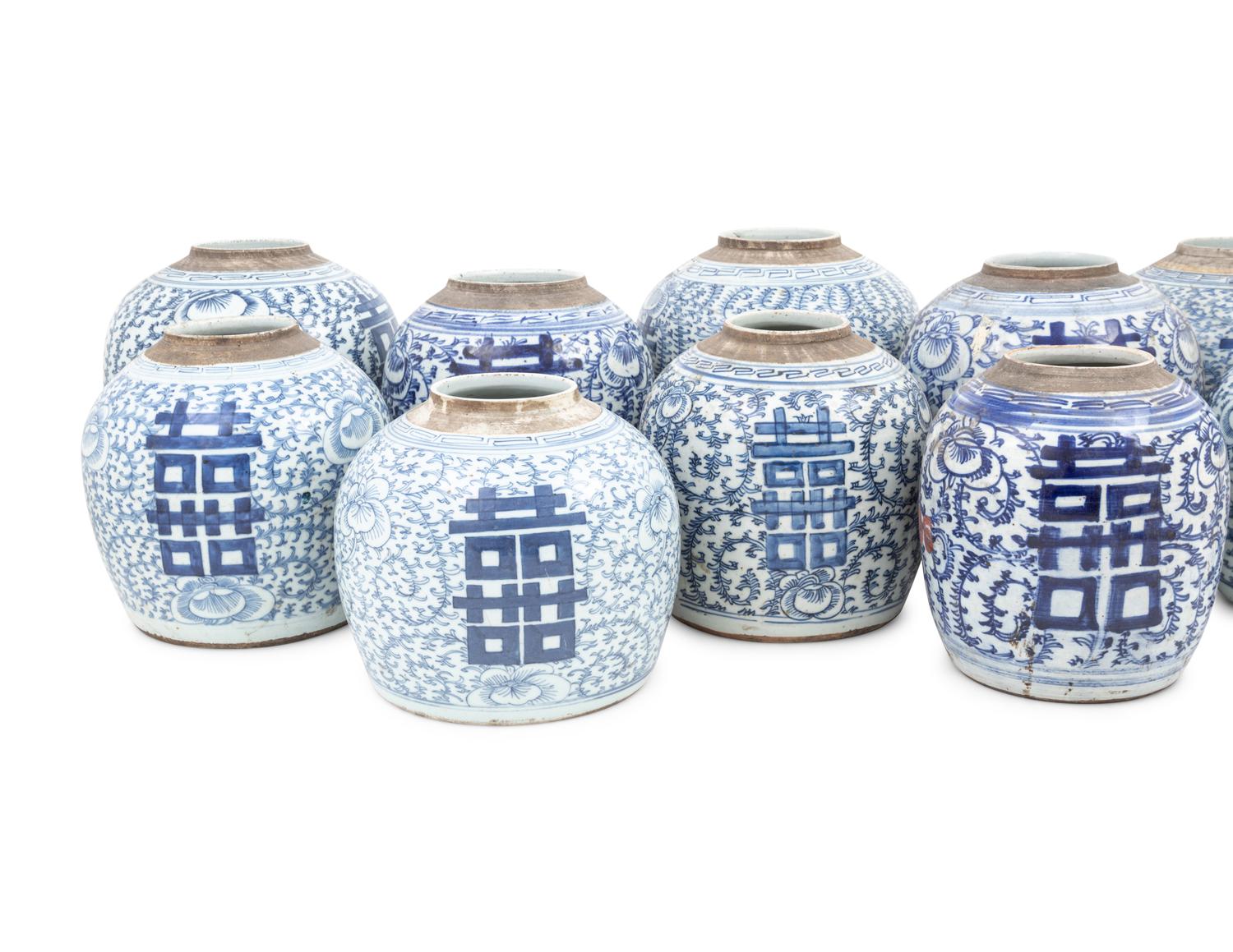 10 Chinese Blue and White Porcelain 'Double Happiness' Jars