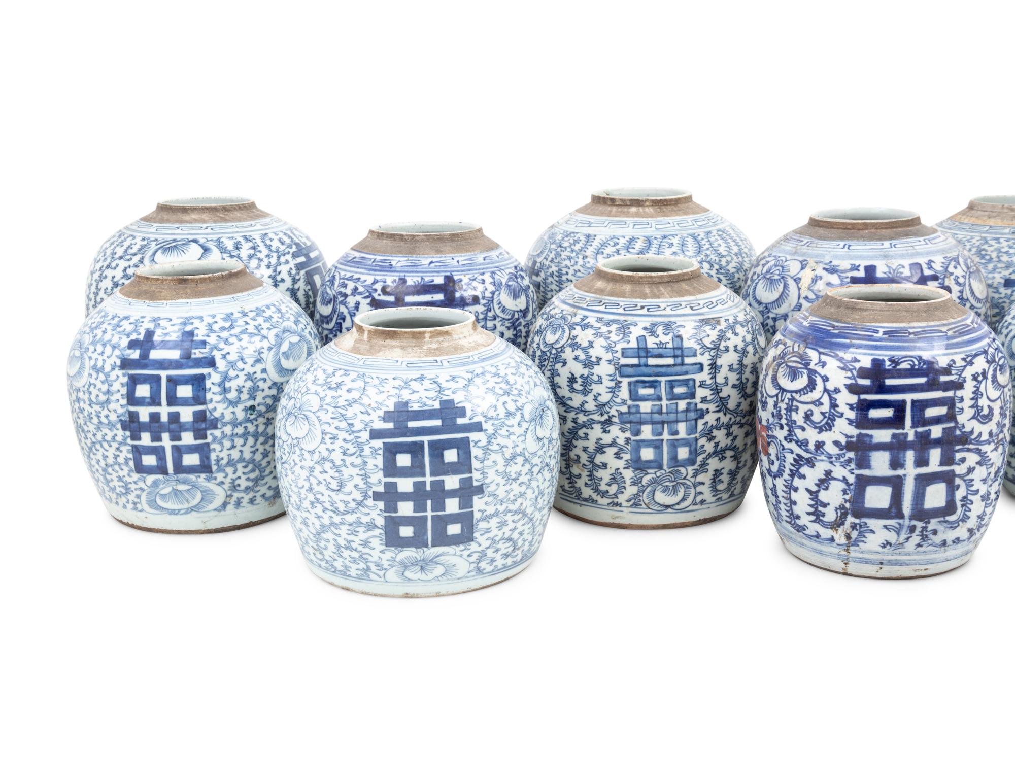 10 Chinese Blue and White Porcelain 'Double Happiness' Jars