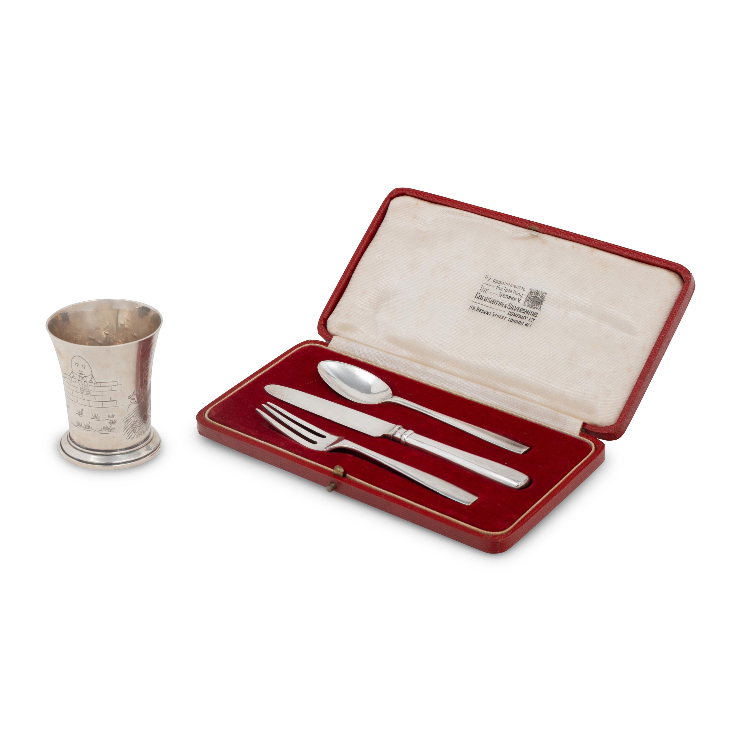 An English Silver Child's Cutlery Set and Cup