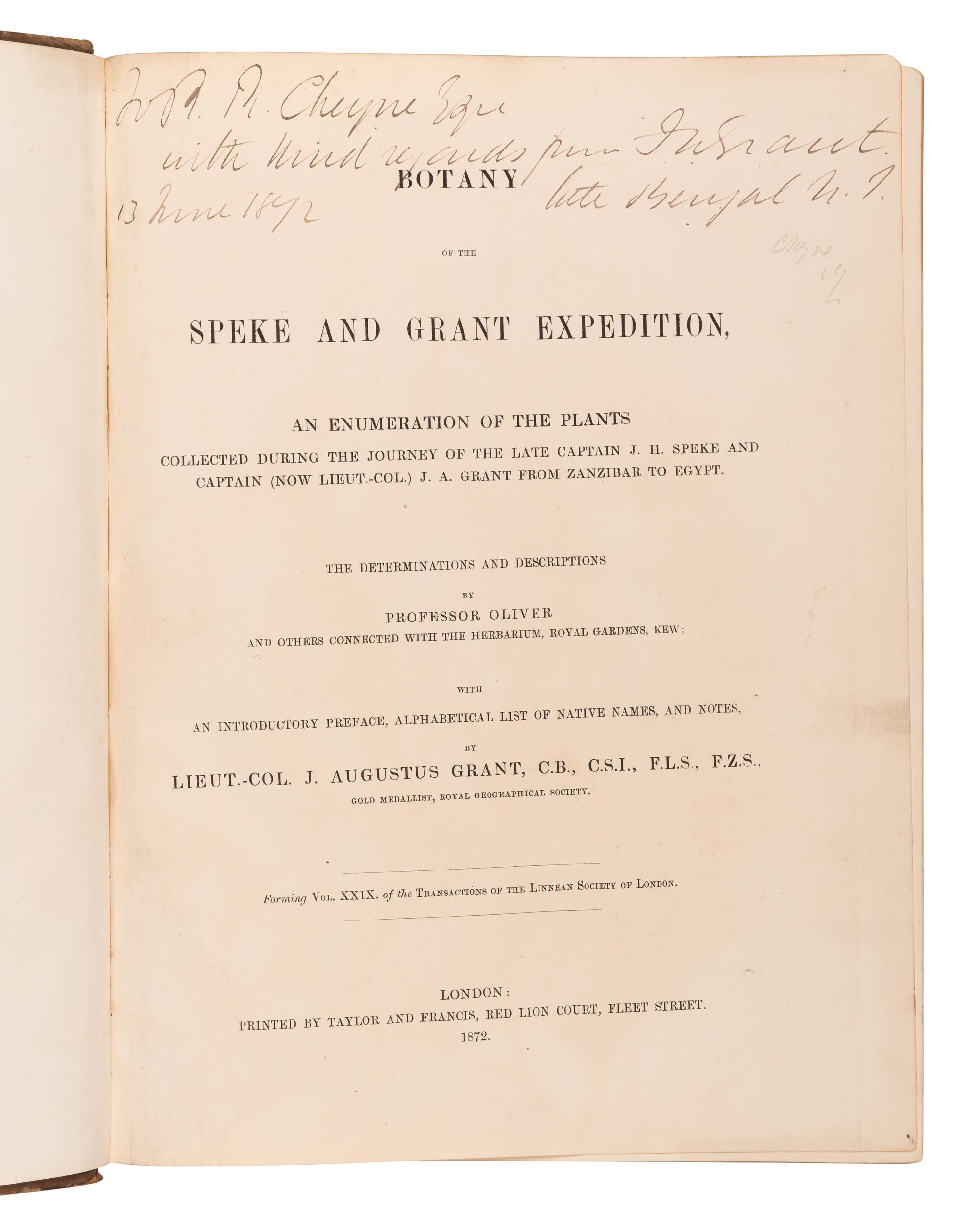 [EXPLORATION -- AFRICA]. PEKE, John Hanning (1827-1864), James Augustus GRANT (1827-1892), and Daniel OLIVER, editor (1830-1916). Botany of the Speke and Grant Expedition . London: Taylor and Francis, 1872.