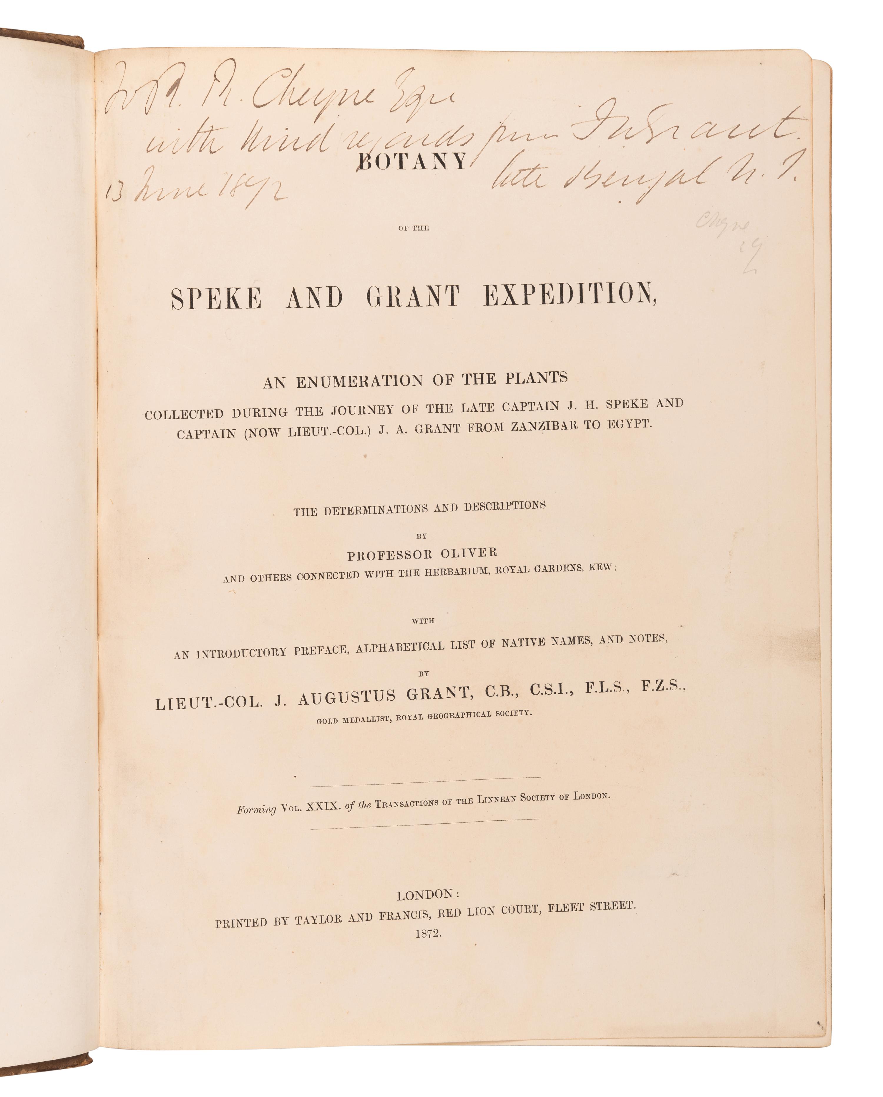 [EXPLORATION -- AFRICA]. PEKE, John Hanning (1827-1864), James Augustus GRANT (1827-1892), and Daniel OLIVER, editor (1830-1916). Botany of the Speke and Grant Expedition . London: Taylor and Francis, 1872.
