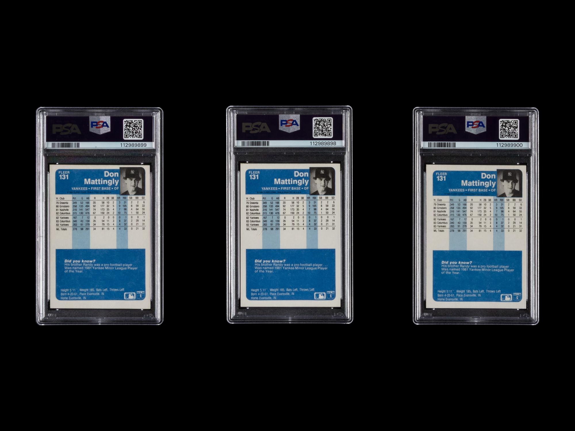 A Group of Three PSA Graded 1984 Fleer Don Mattingly Rookie Baseball Cards No. 131 (PSA 8; PSA 7; PSA 6)