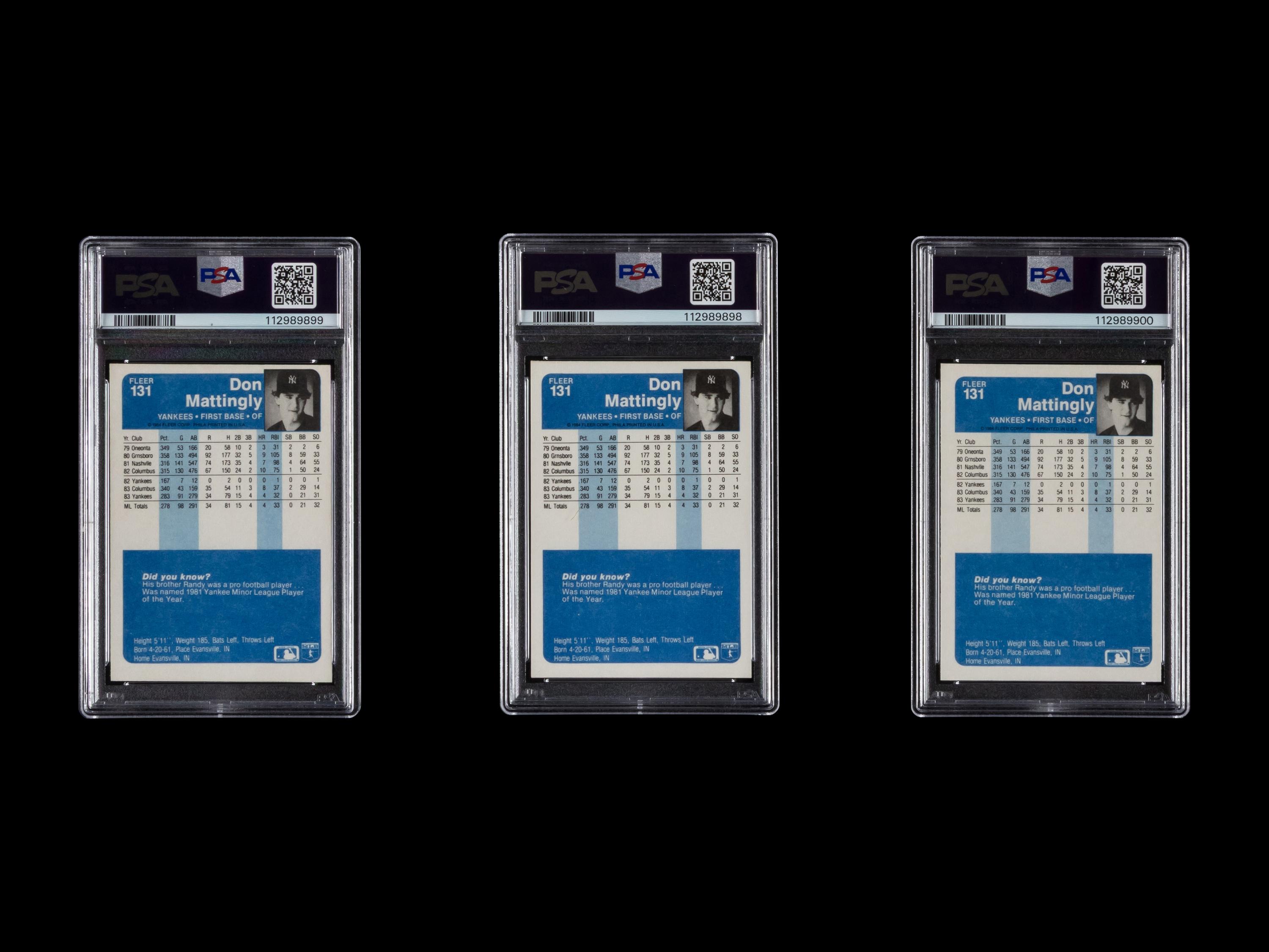 A Group of Three PSA Graded 1984 Fleer Don Mattingly Rookie Baseball Cards No. 131 (PSA 8; PSA 7; PSA 6)