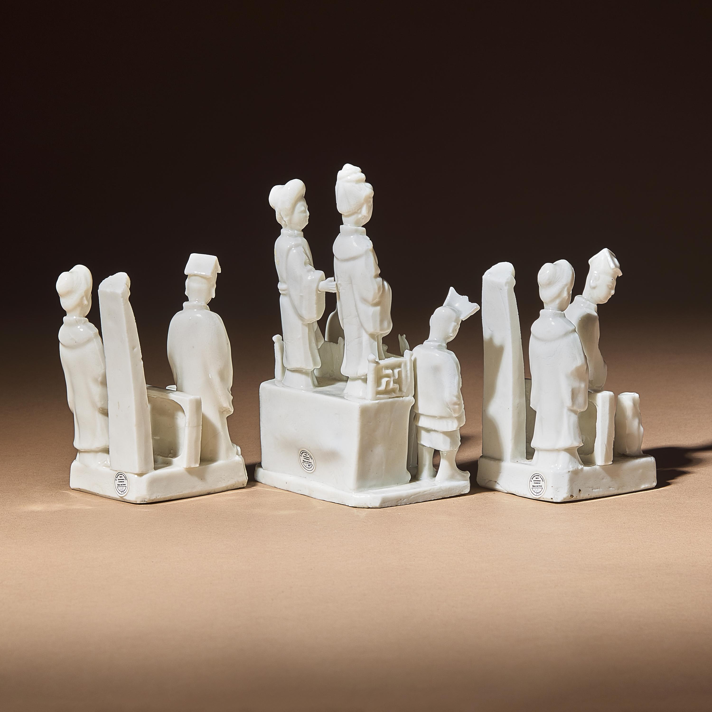 Three Chinese Blanc-de-Chine Porcelain Figural Group-Form Joss-Stick Holders, 17th Century — 清早期 德化白瓷塑人像香插三件