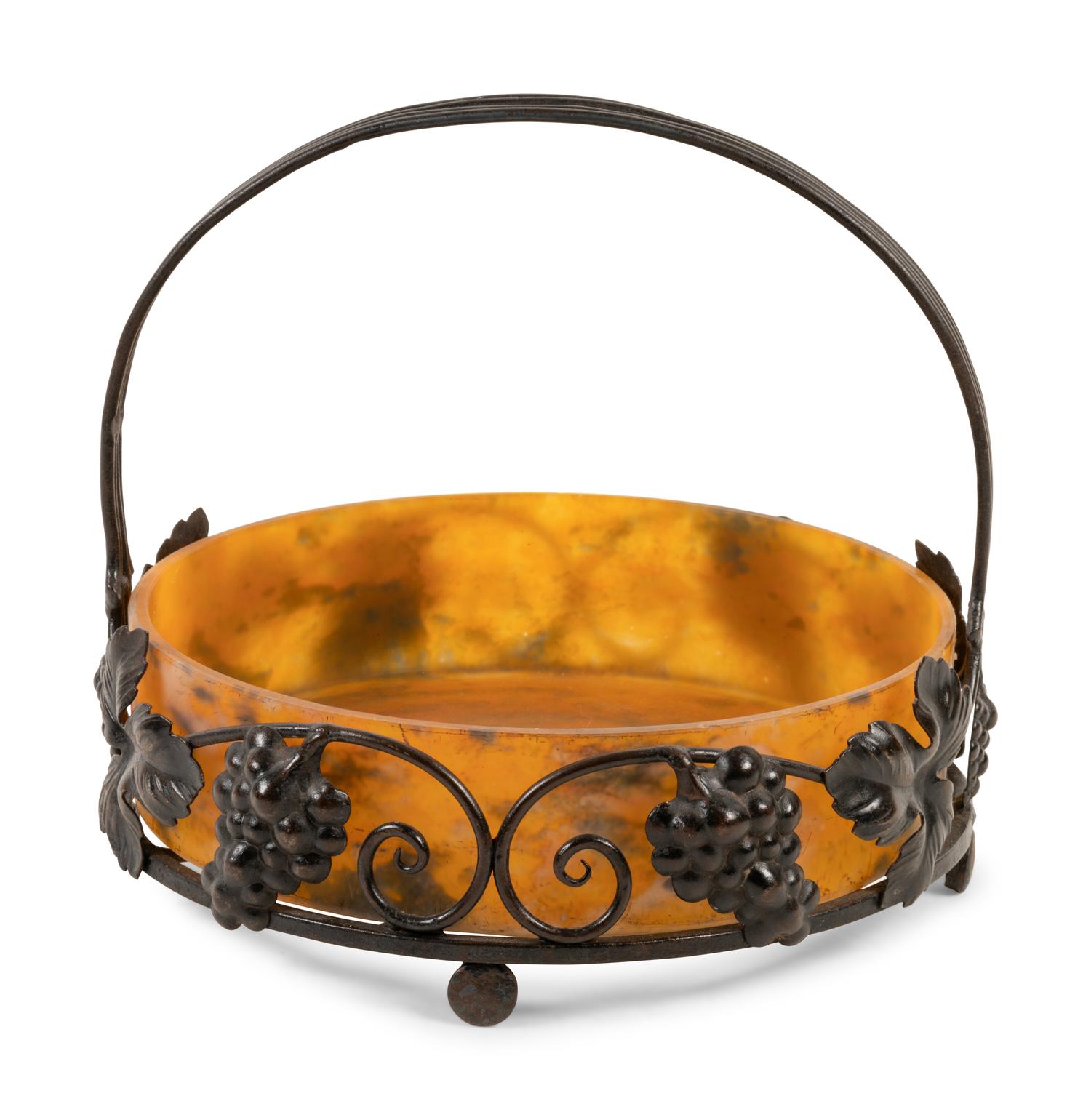 A French Art Deco Iron and Daum Glass Basket