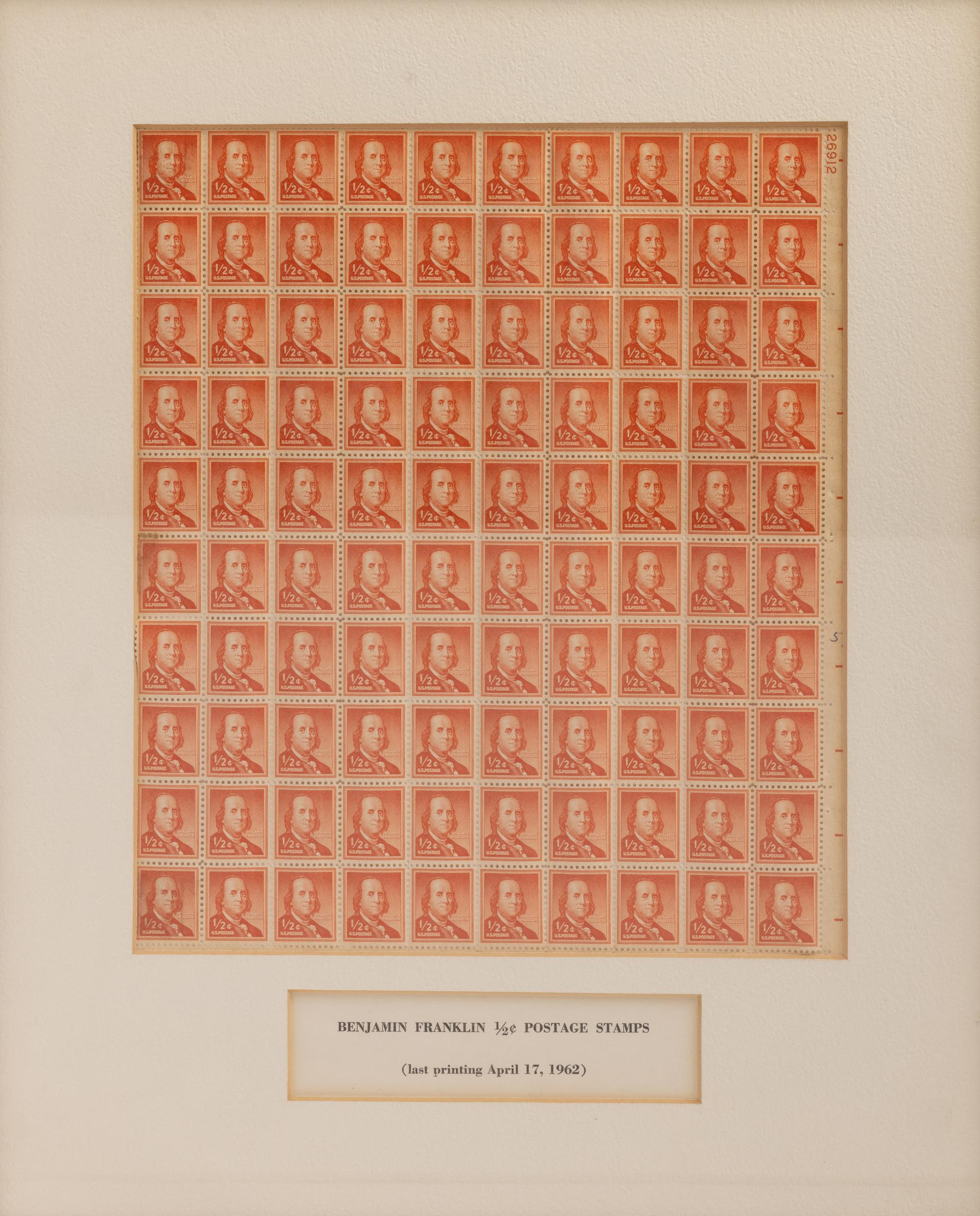A Sheet of 100 Benjamin Franklin 1/2 Cent Orange-Red (#1030) Stamps