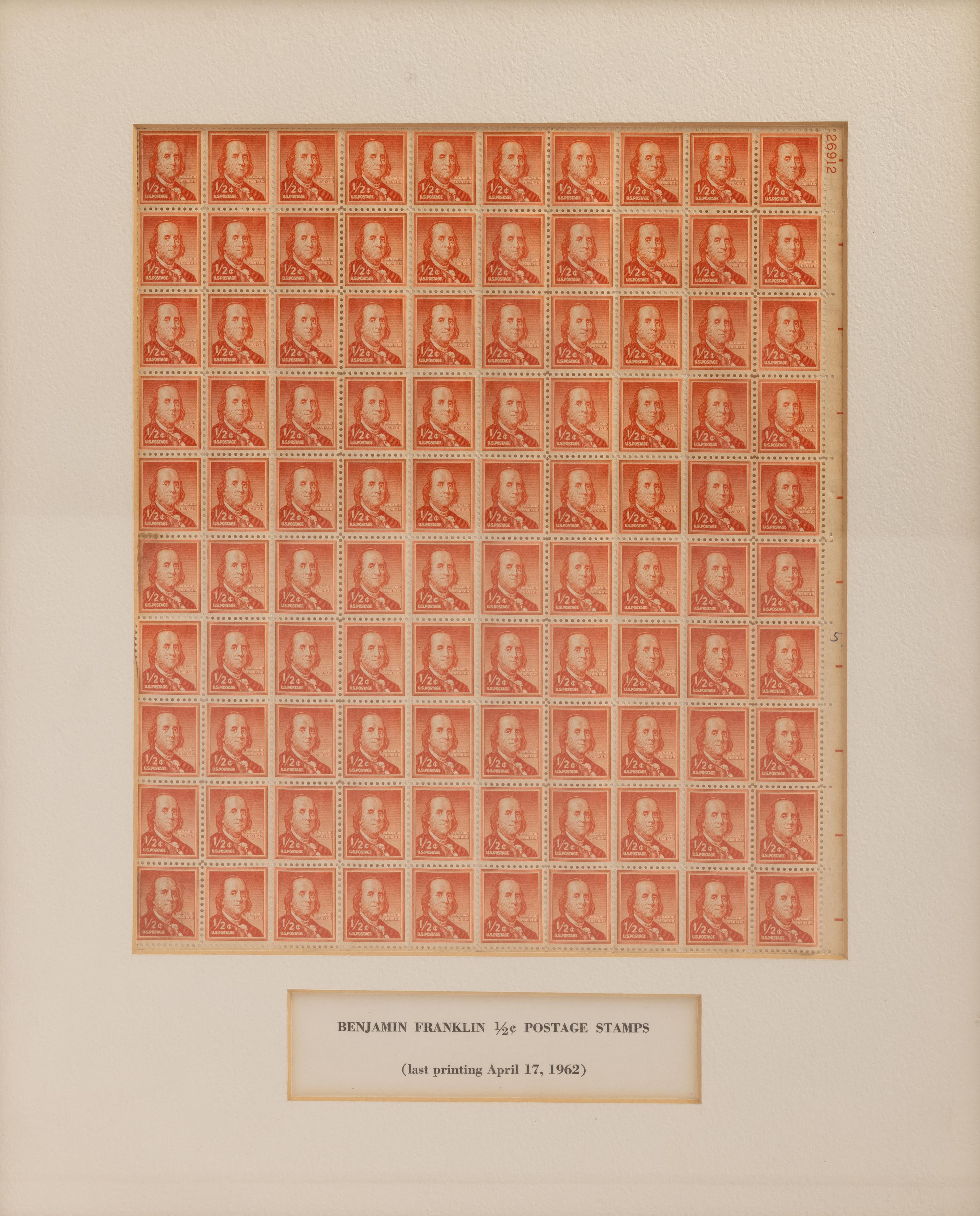 A Sheet of 100 Benjamin Franklin 1/2 Cent Orange-Red (#1030) Stamps