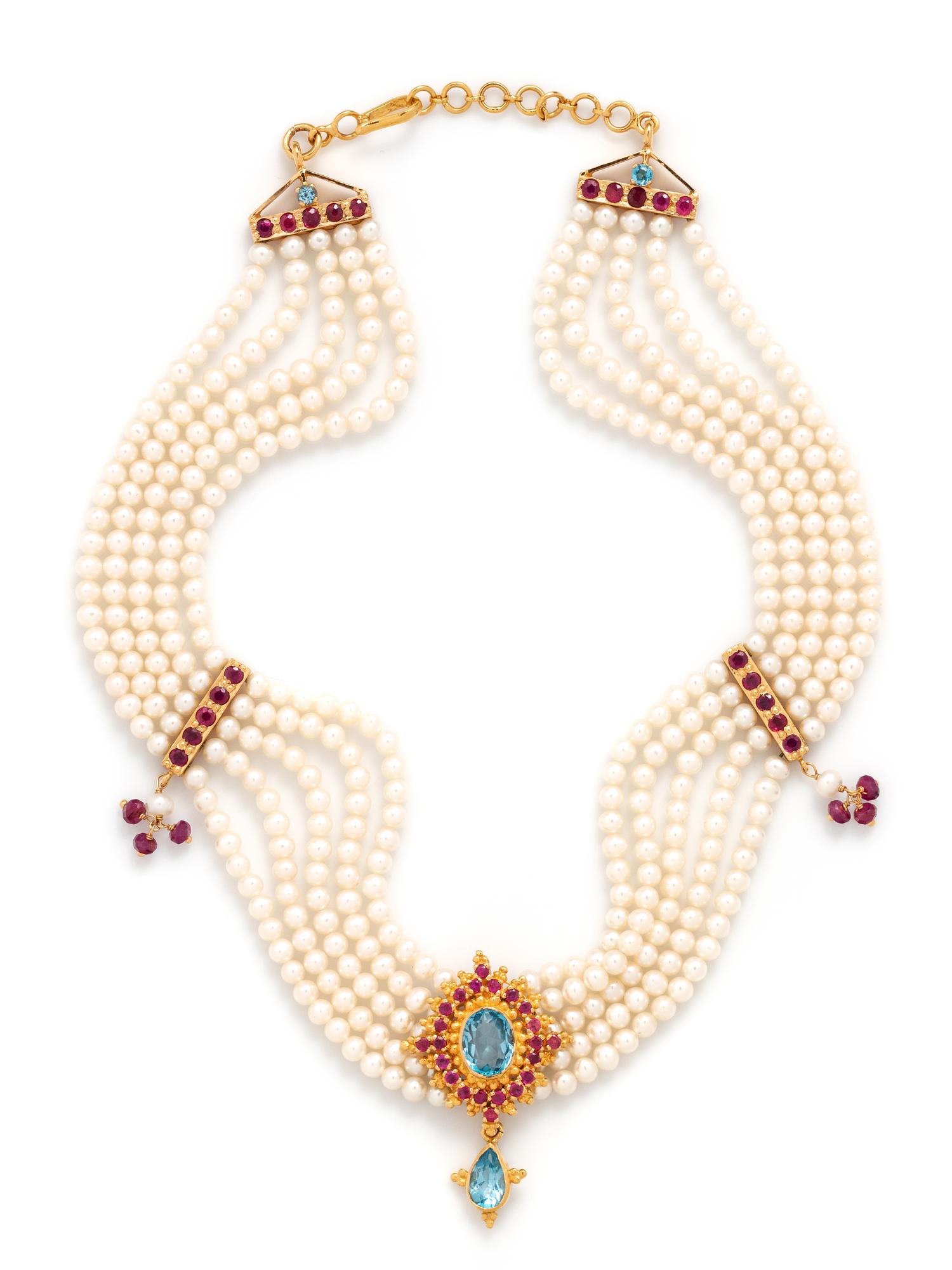 YELLOW GOLD, CULTURED PEARL, TOPAZ AND RUBY CHOKER NECKLACE