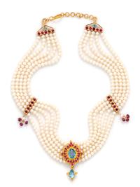 YELLOW GOLD, CULTURED PEARL, TOPAZ AND RUBY CHOKER NECKLACE