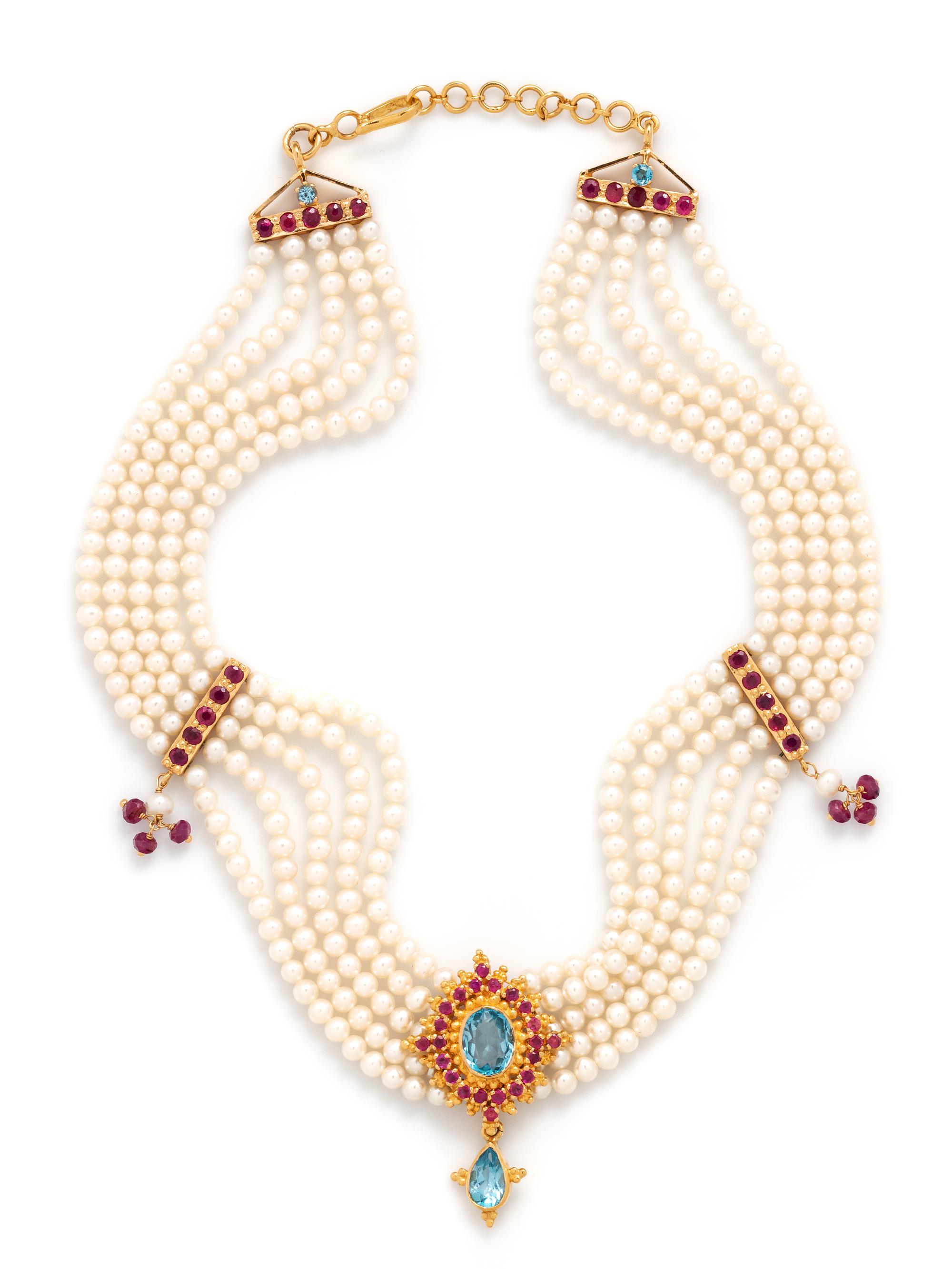 YELLOW GOLD, CULTURED PEARL, TOPAZ AND RUBY CHOKER NECKLACE