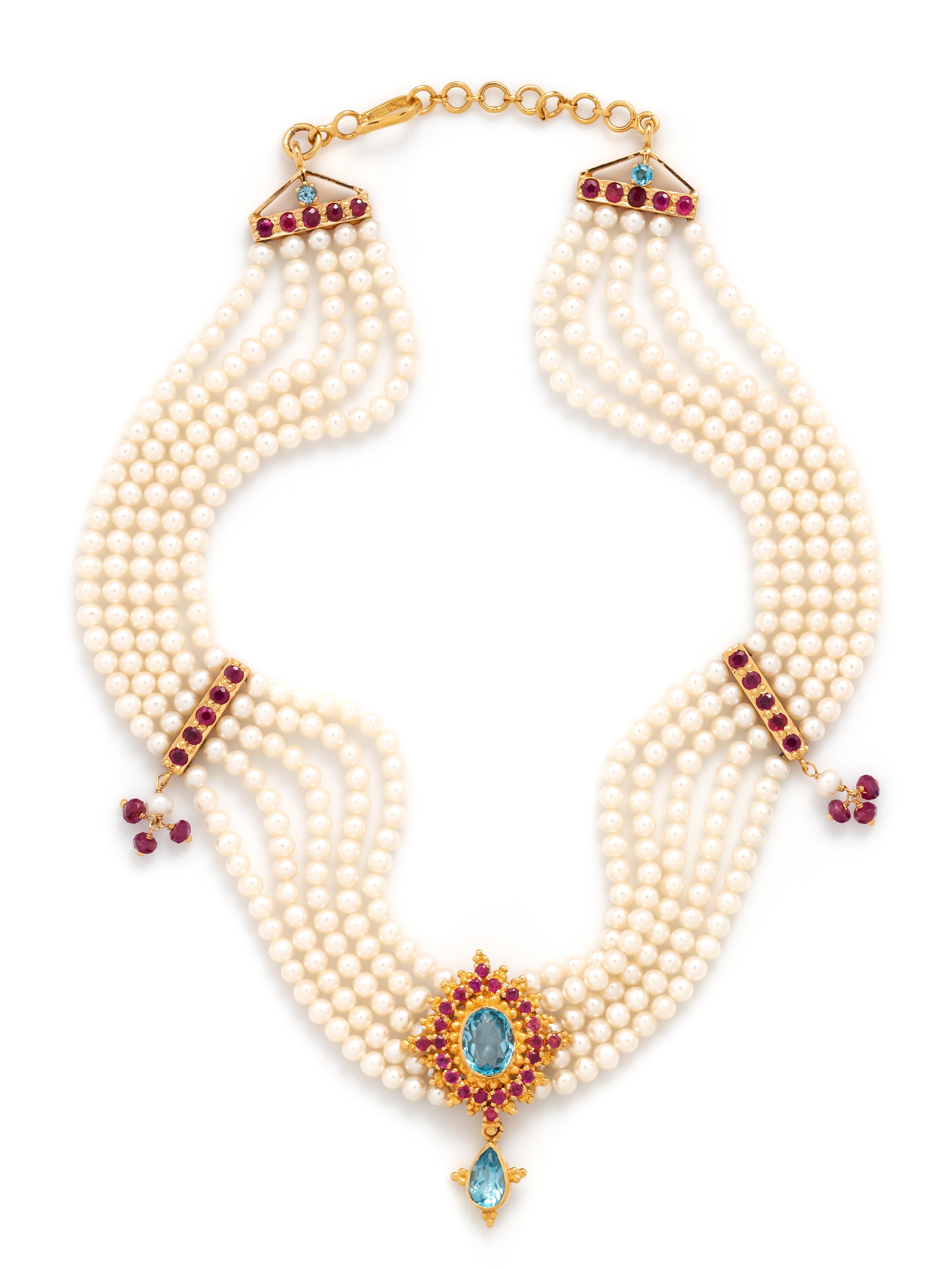 YELLOW GOLD, CULTURED PEARL, TOPAZ AND RUBY CHOKER NECKLACE