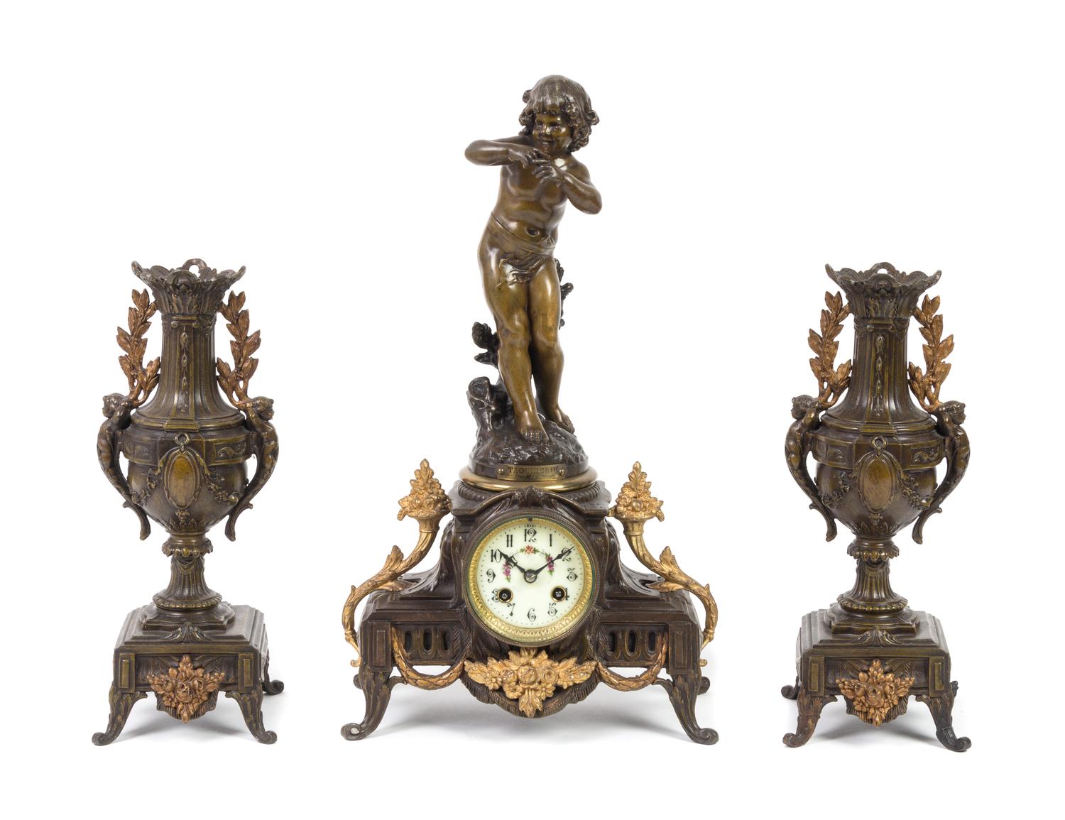 A French Bronze and Cast Metal Clock Garniture Height of mantel clock 18 3/4 inches. — LATE 19TH CENTURY