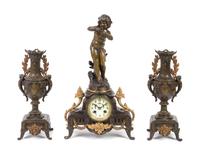 A French Bronze and Cast Metal Clock Garniture Height of mantel clock 18 3/4 inches. — LATE 19TH CENTURY