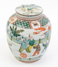 A Famille Verte Porcelain Jar and Cover Height 9 1/2 inches.