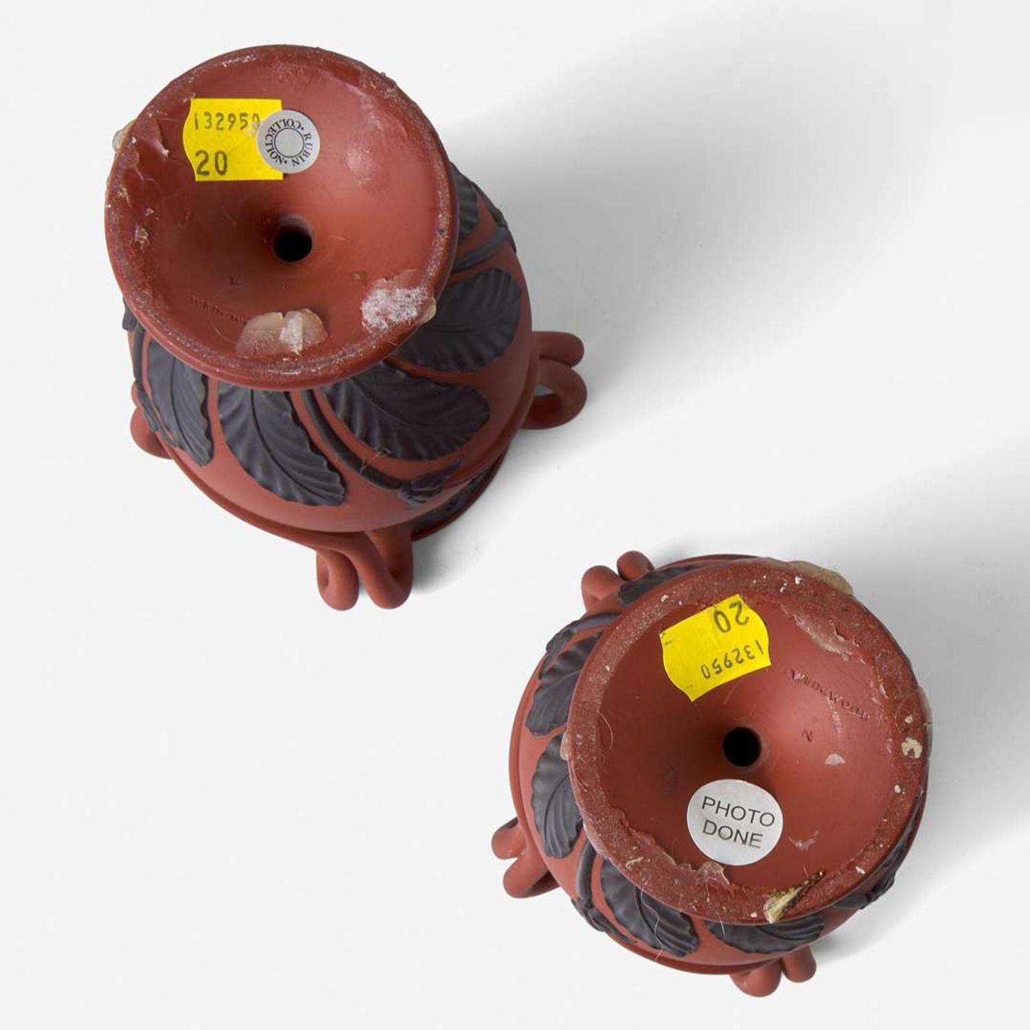 A Pair of Wedgwood Black Basaltes-Decorated Rosso Antico "Tendril" Vases UK, circa 1800