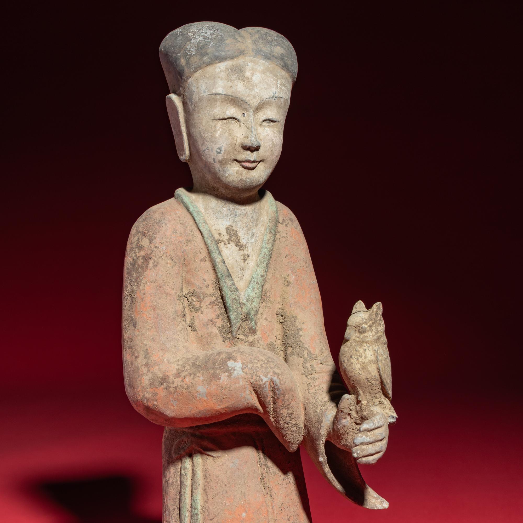 A Pair of Chinese Painted Grey Pottery Ladies with Owls, Han Dynasty — 漢 灰陶彩繪持鷹女俑一對