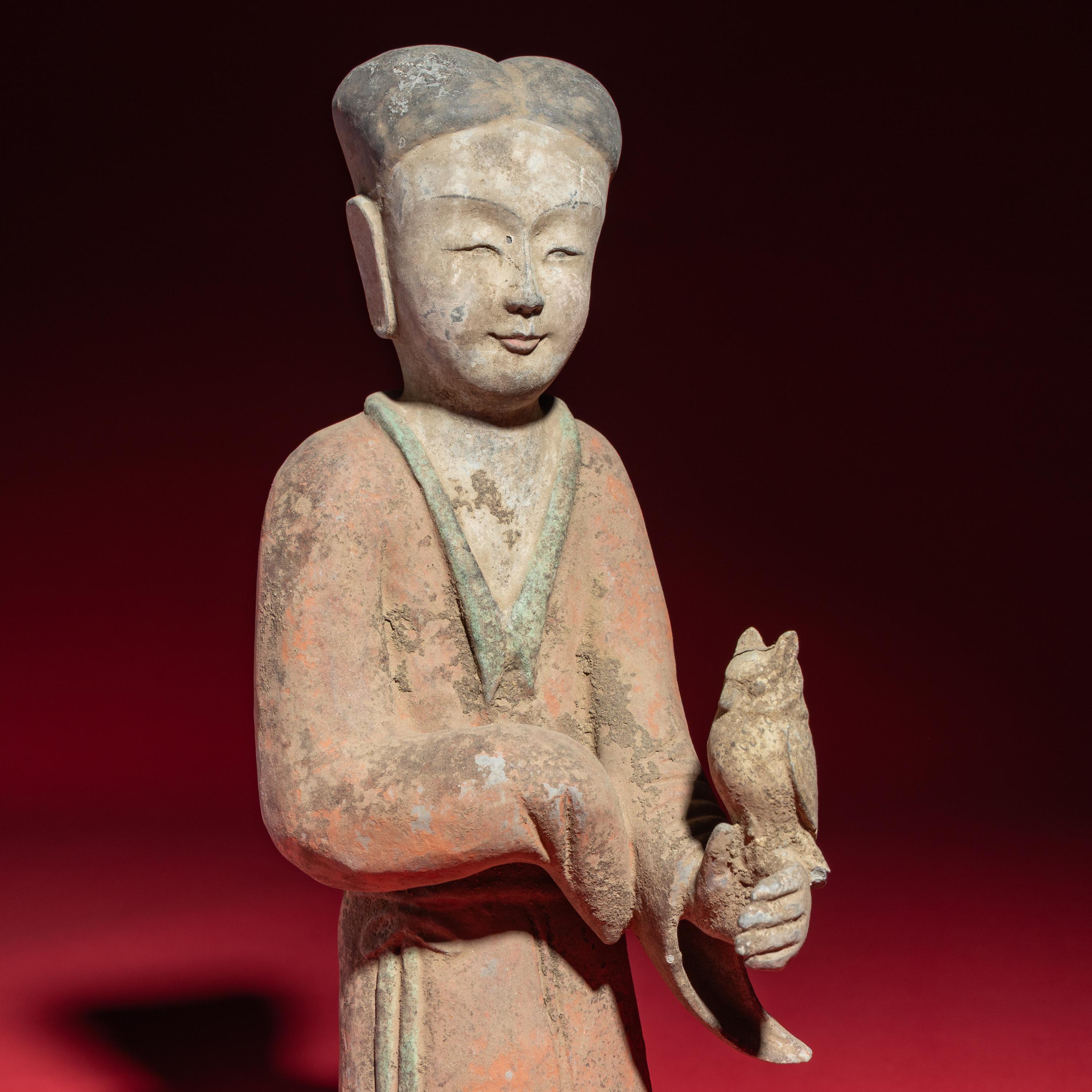 A Pair of Chinese Painted Grey Pottery Ladies with Owls, Han Dynasty — 漢 灰陶彩繪持鷹女俑一對