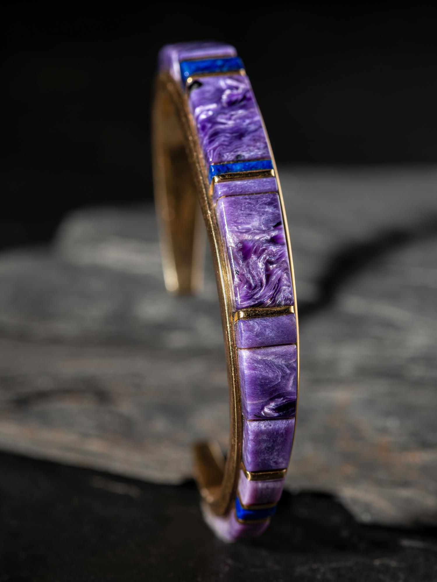 14K Gold Cuff Bracelet, with Charoite and Lapis Cobblestone Inlay