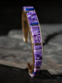 14K Gold Cuff Bracelet, with Charoite and Lapis Cobblestone Inlay