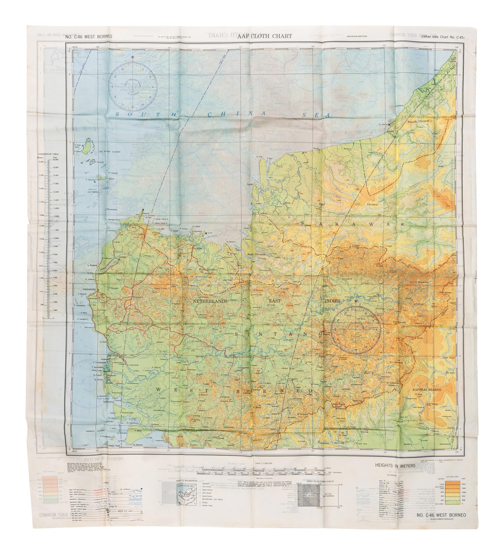 [ARMY AIR FORCE]. A group of World War II escape charts, all printed in Washington, D. C. on synthetic silk cloth, comprising: