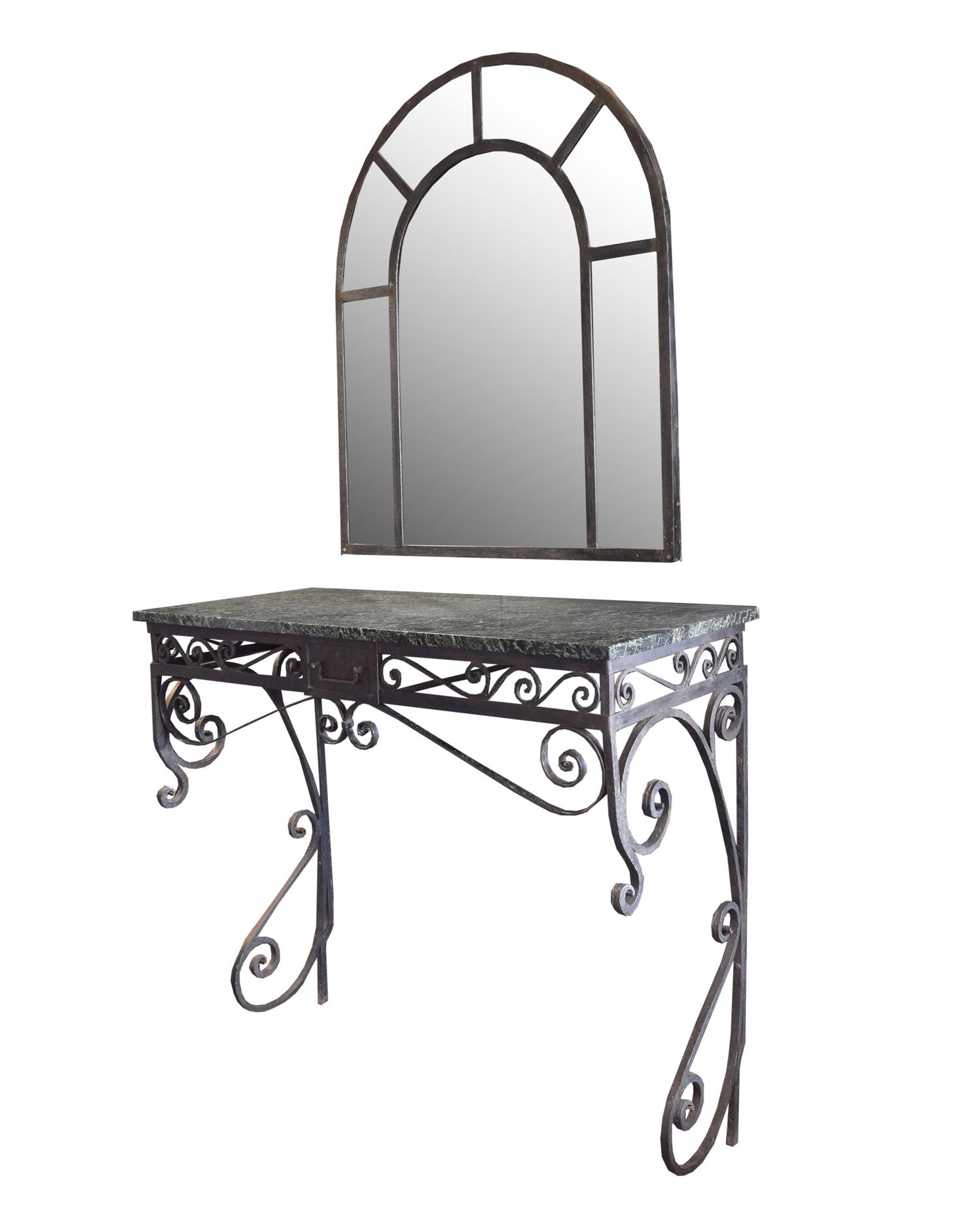A Wrought Iron Console from the Florsheim Estate, Highland Park, IL. Vanity: 48" w x20" d x 41.5" tall Mirror: 36" w x 1" d x 42" tall — United States, Early 20th Century