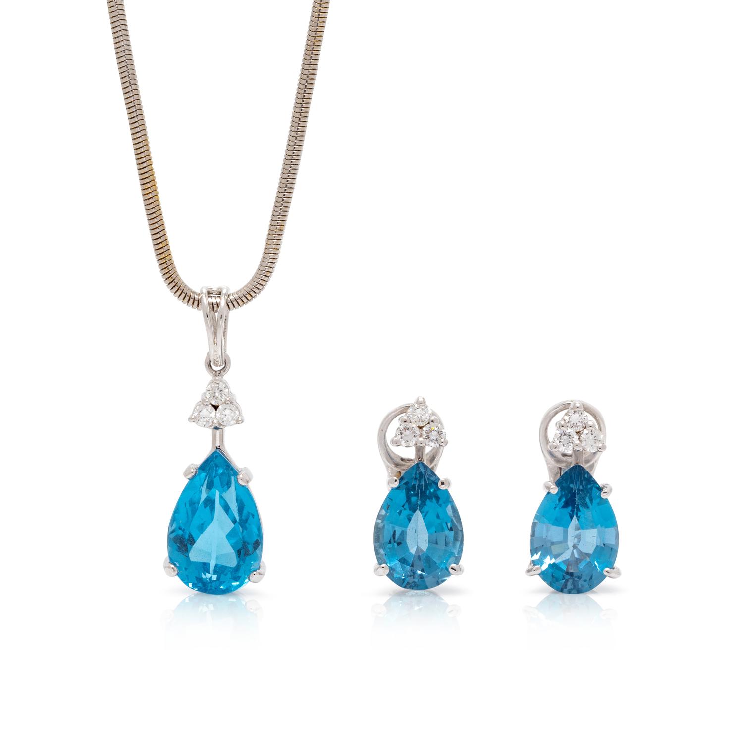 A 14 Karat White Gold, Blue Topaz and Diamond Demi-Parure,