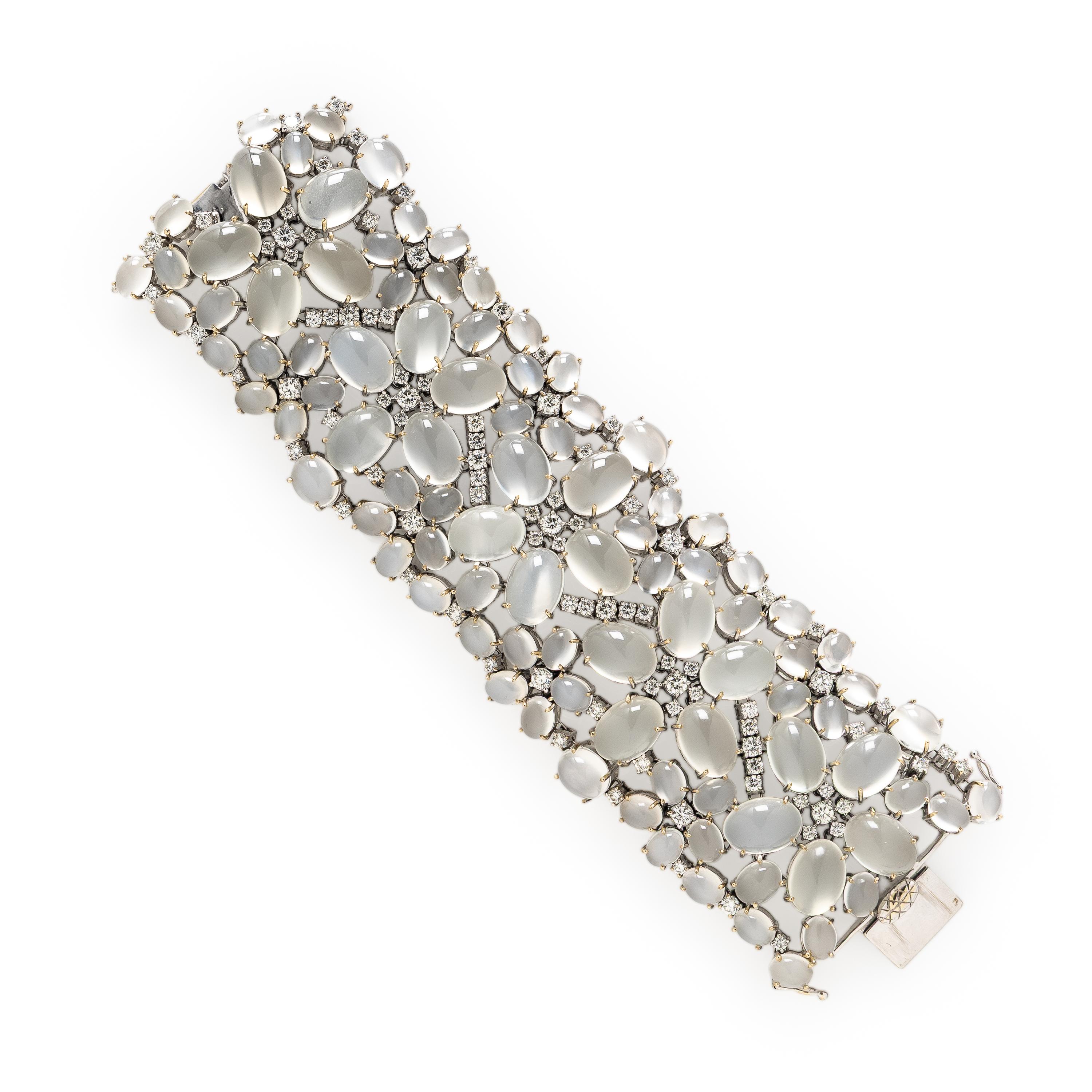 Moonstone, Diamond, and White Gold Bracelet