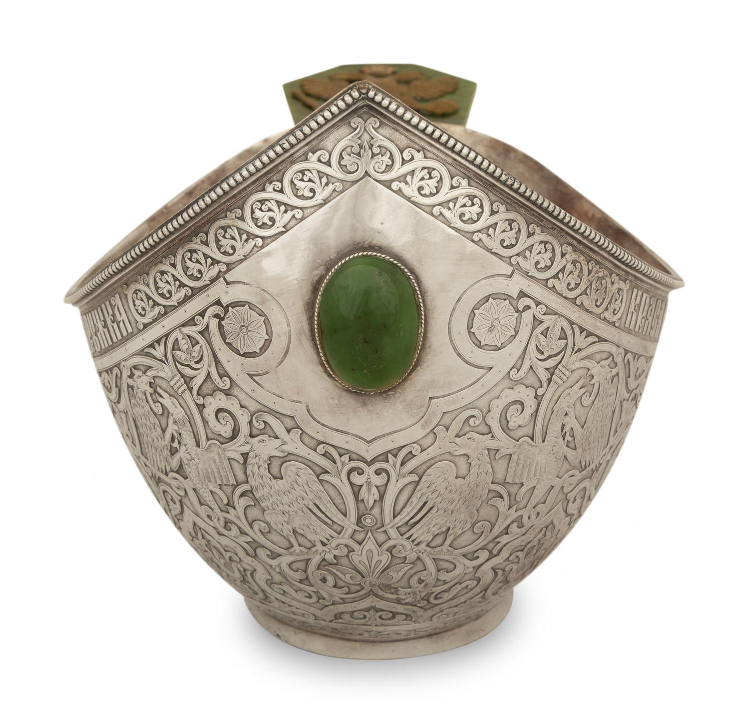 A Large Russian Silver and Jade-Mounted Kovsh