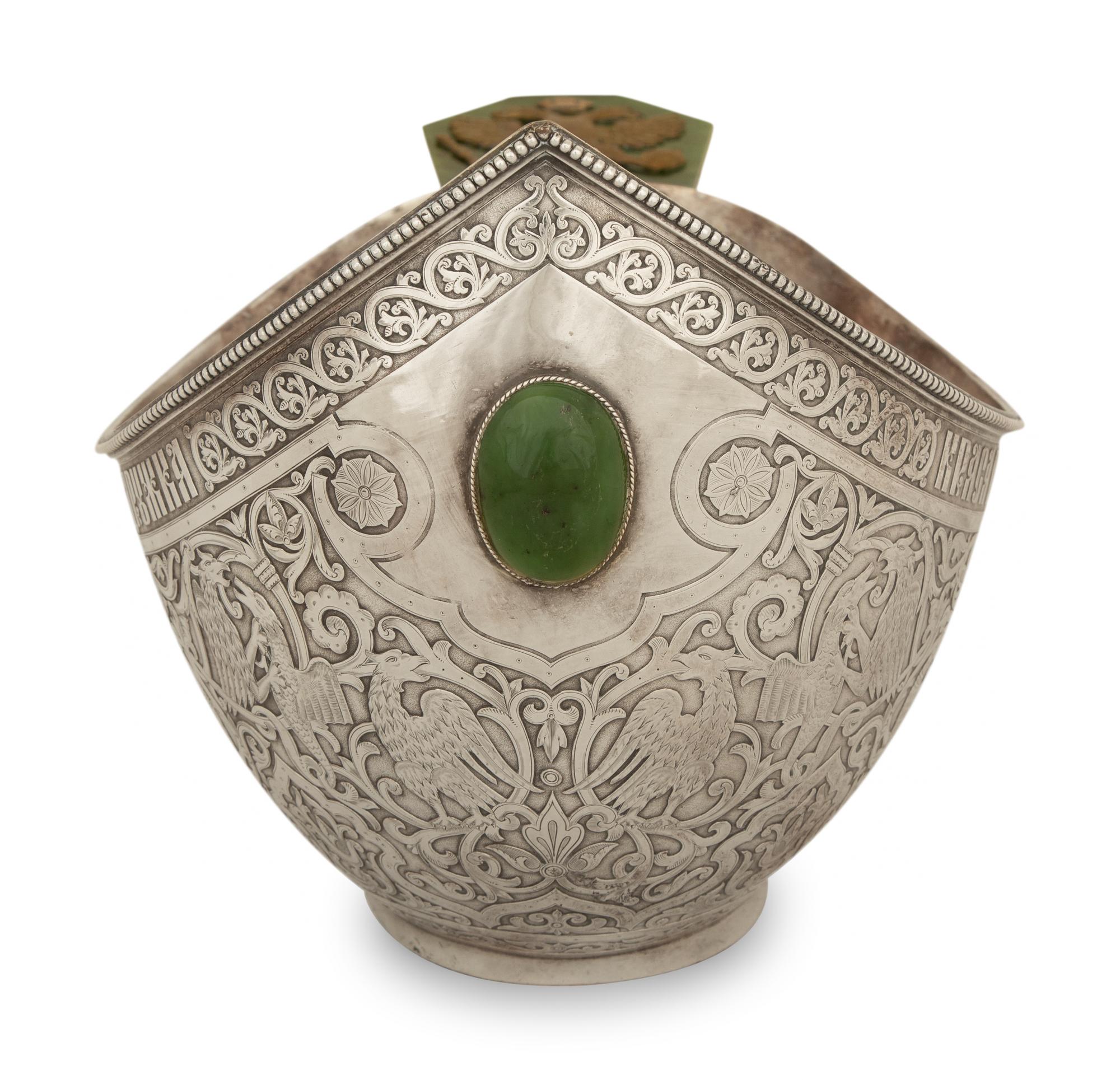 A Large Russian Silver and Jade-Mounted Kovsh
