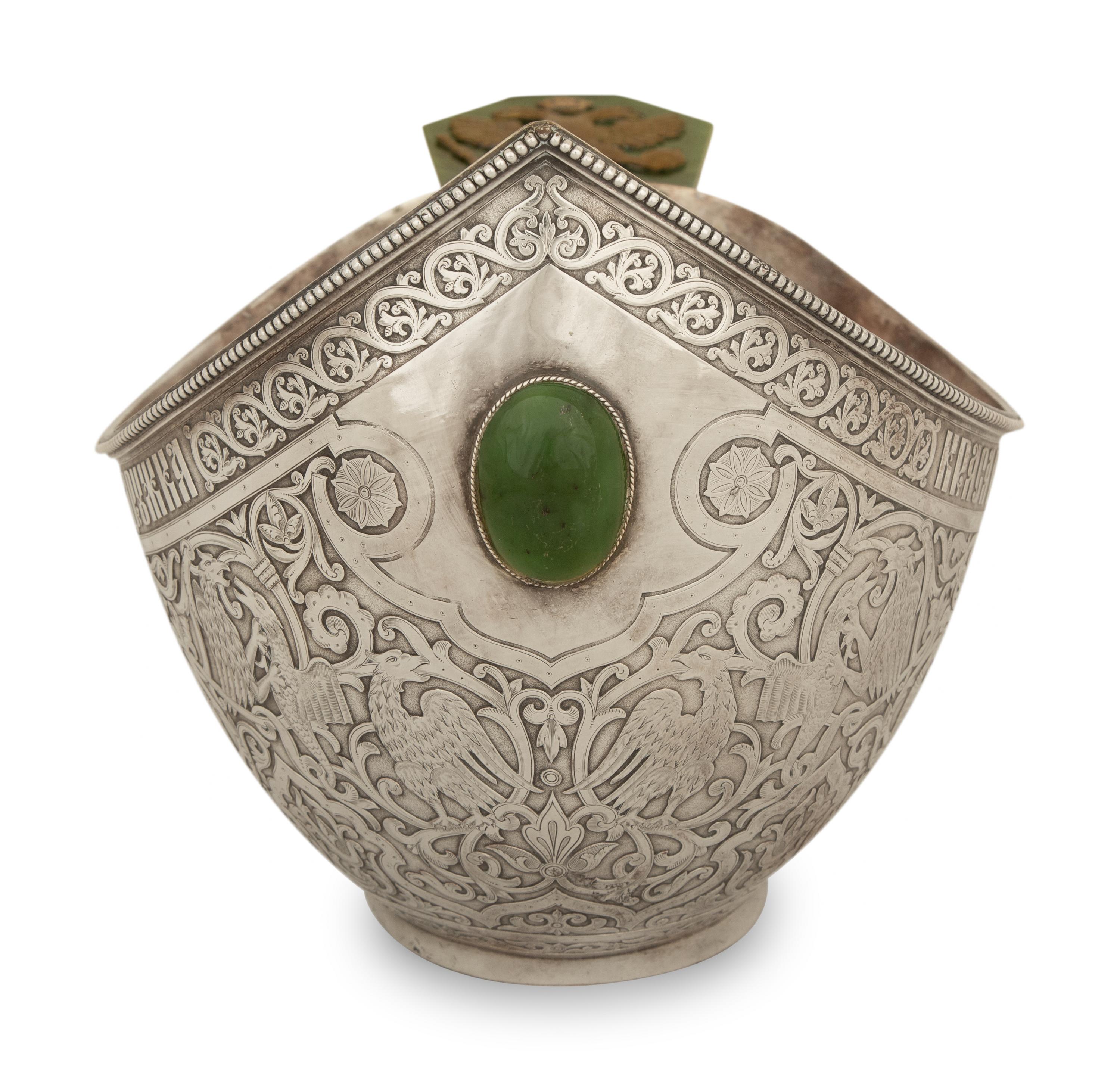 A Large Russian Silver and Jade-Mounted Kovsh