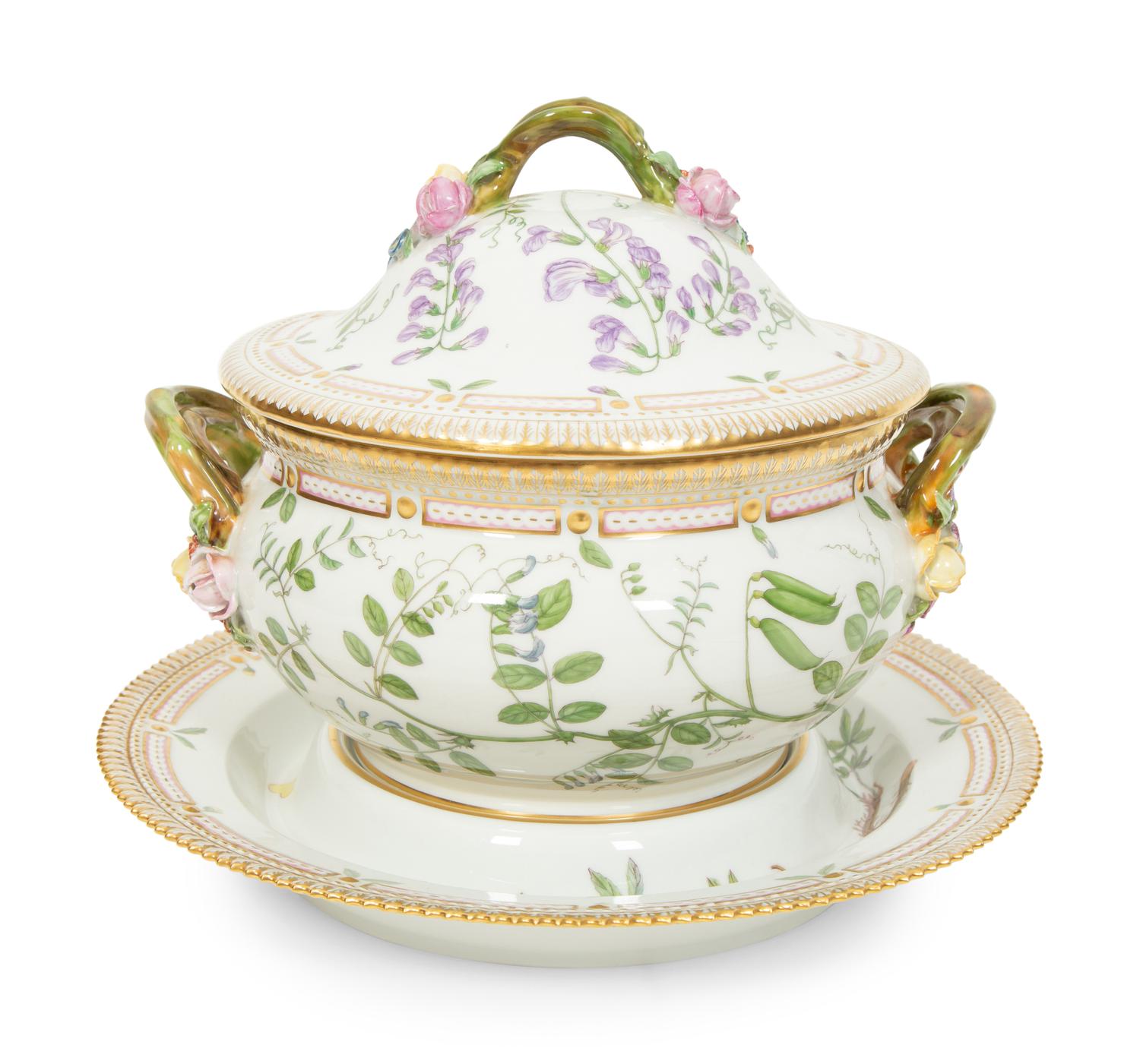 A Royal Copenhagen Flora Danica Porcelain Round Covered Tureen on Stand