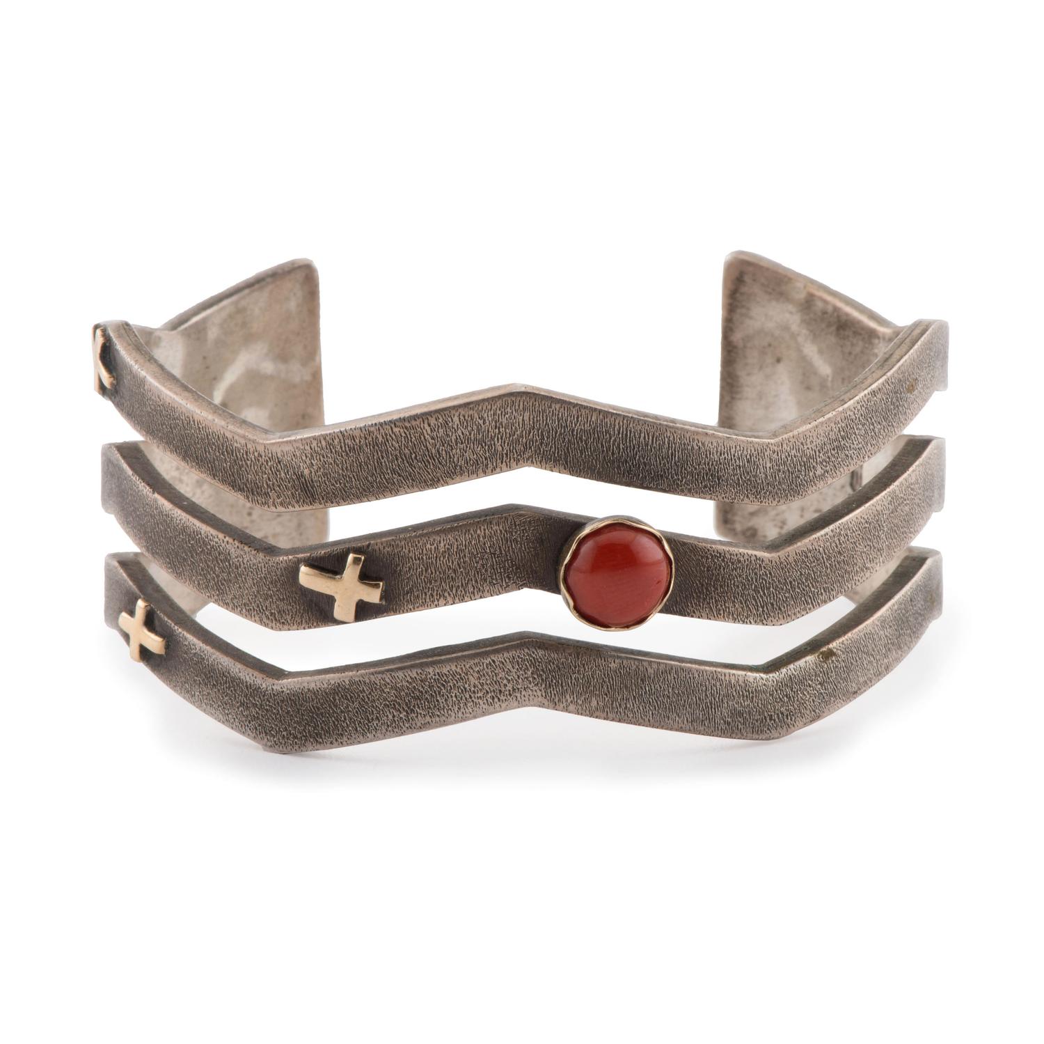 Silver Cuff Bracelet Accented with 14k Gold and Coral